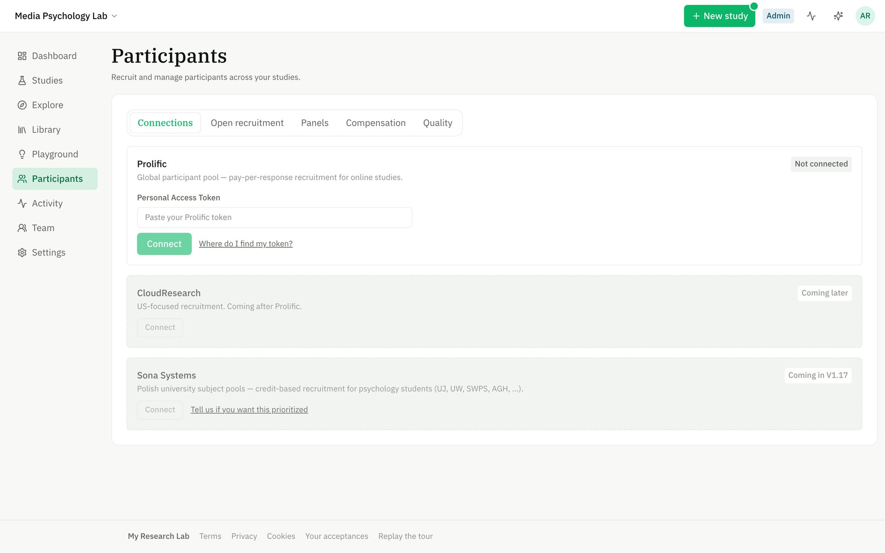 The Connections page with the Prolific connect form