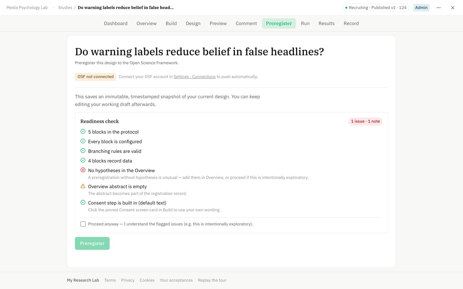 The Preregister page with the Readiness check