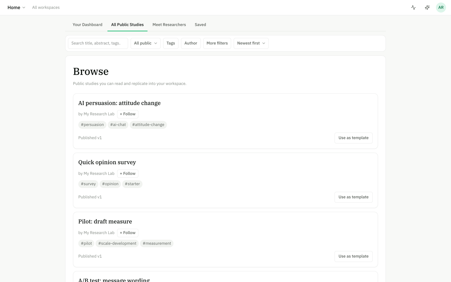 The Browse page of published studies