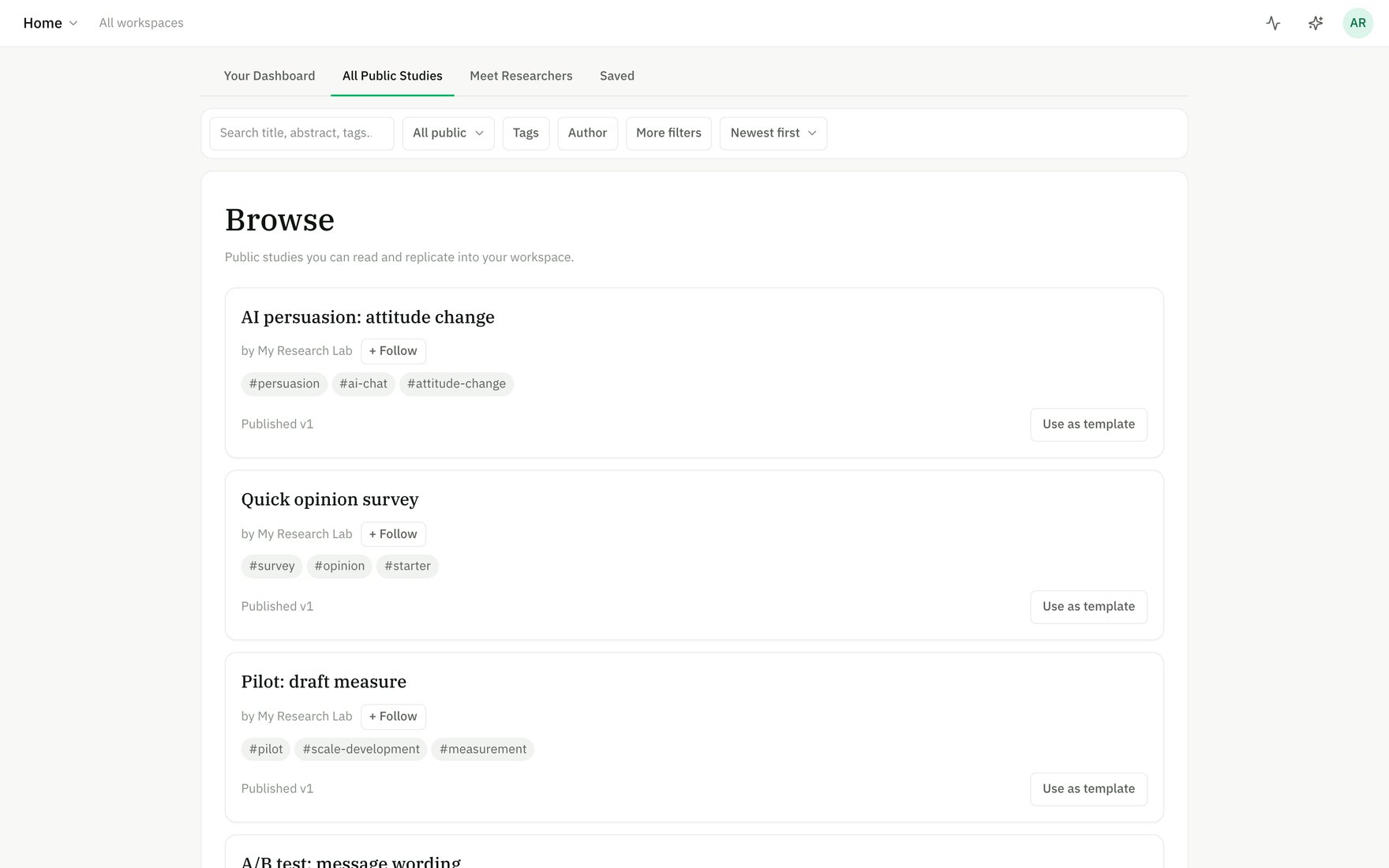 The Browse page of published studies