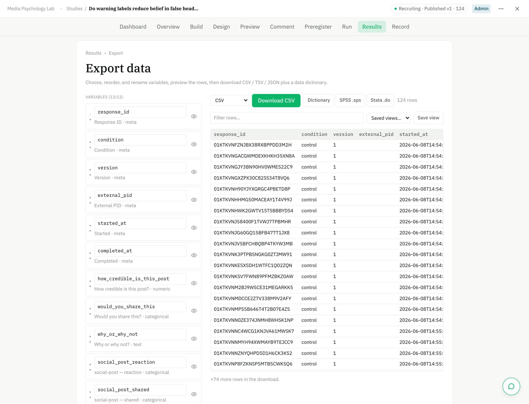 The Export data page with the variable configurator and row preview