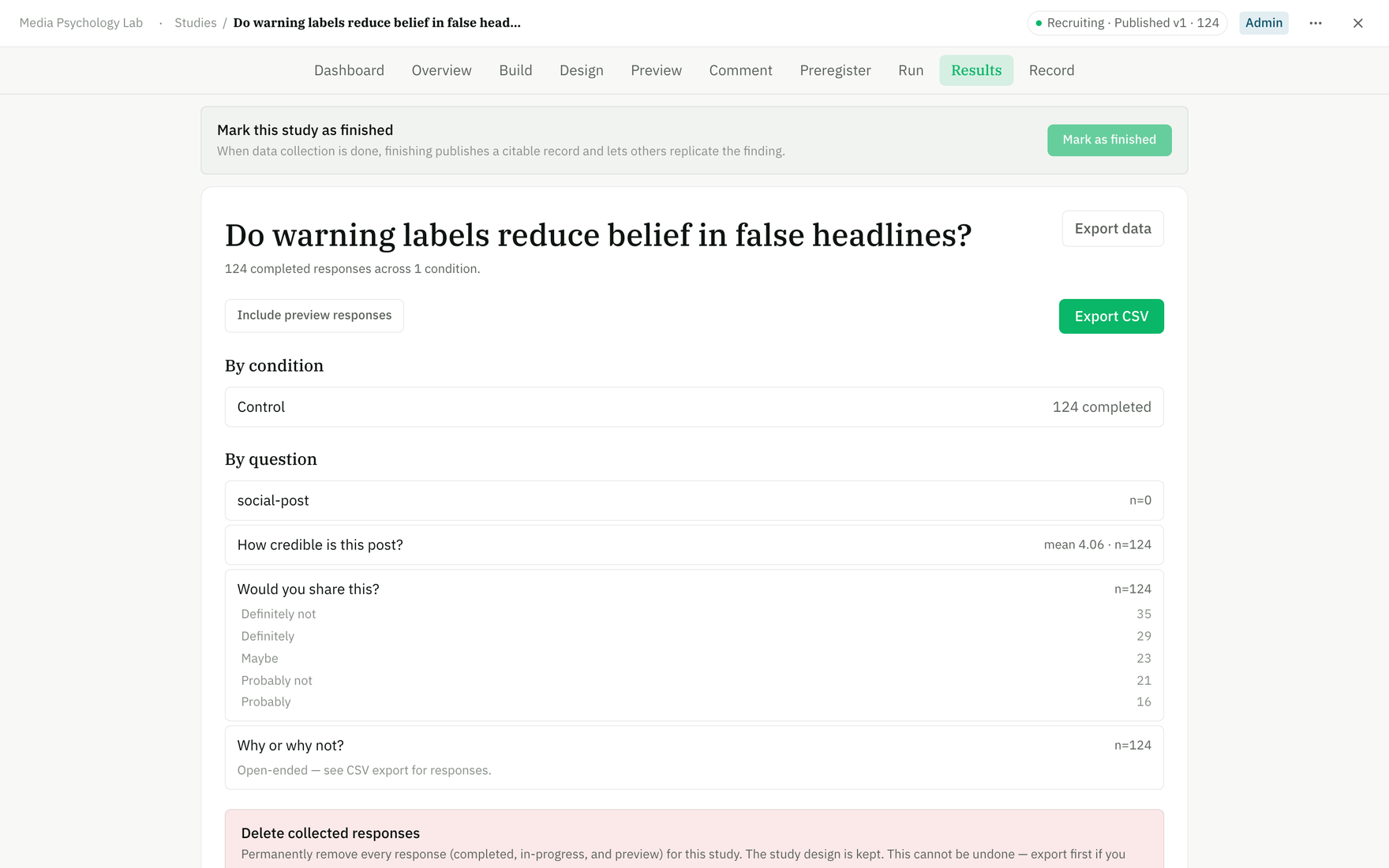The Results page broken down by condition
