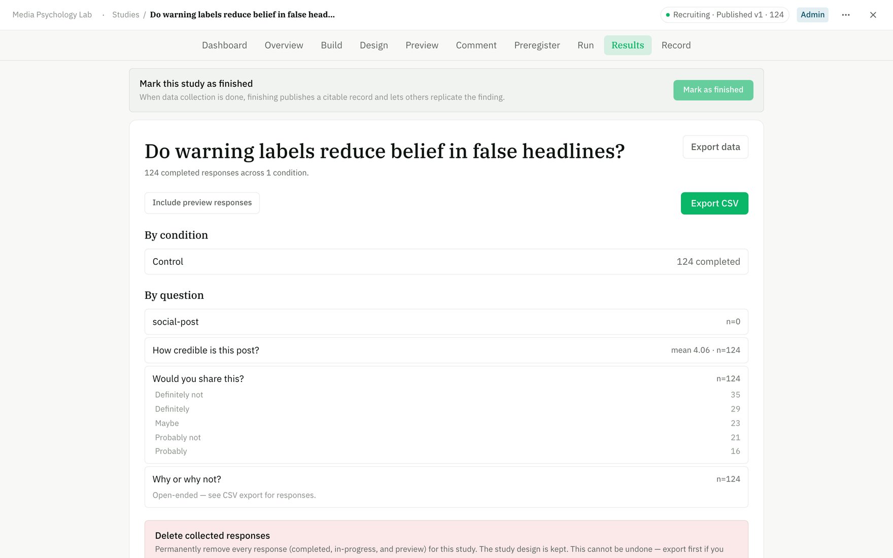 The Results page broken down by condition
