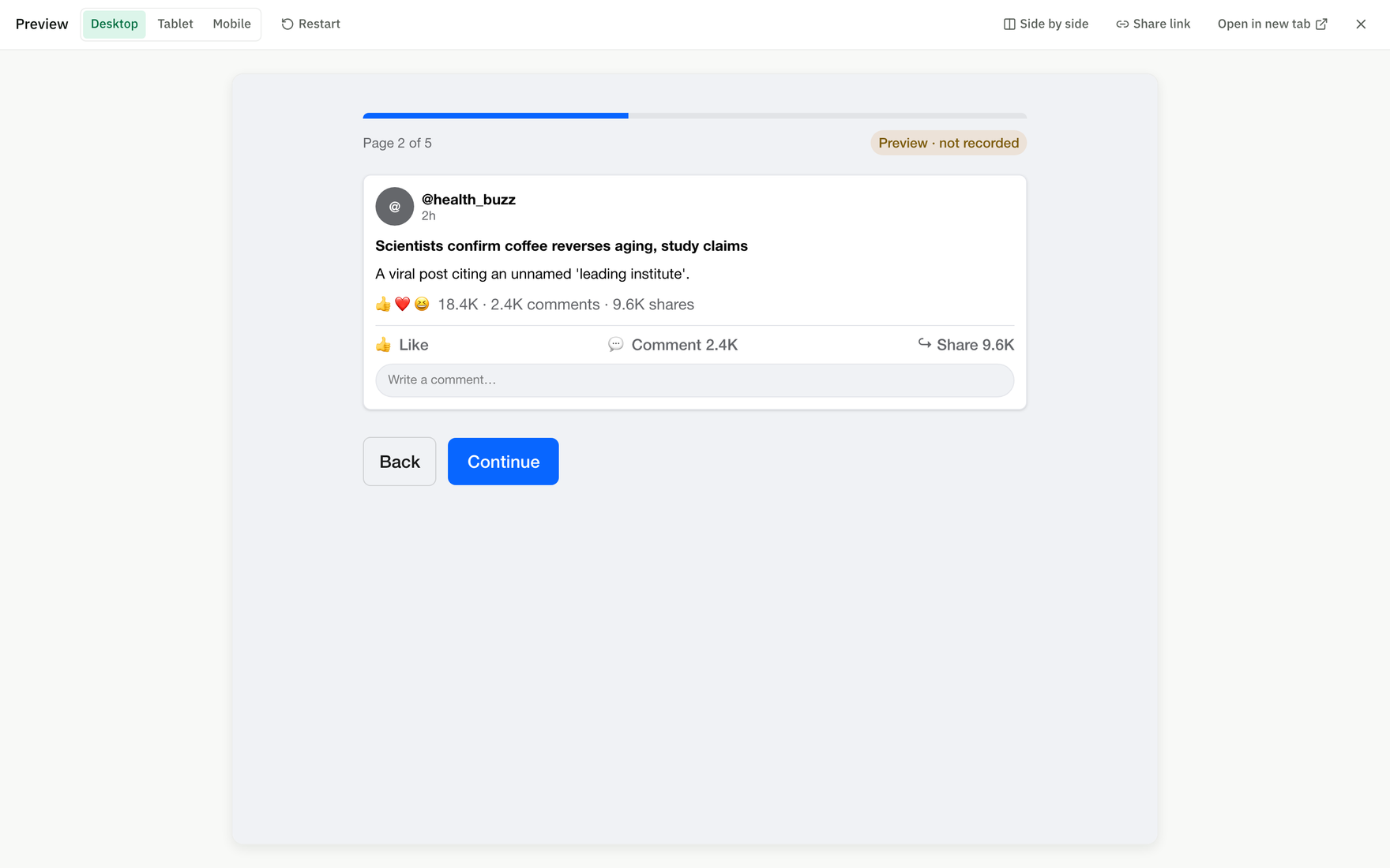 The participant preview showing a social-media post stimulus