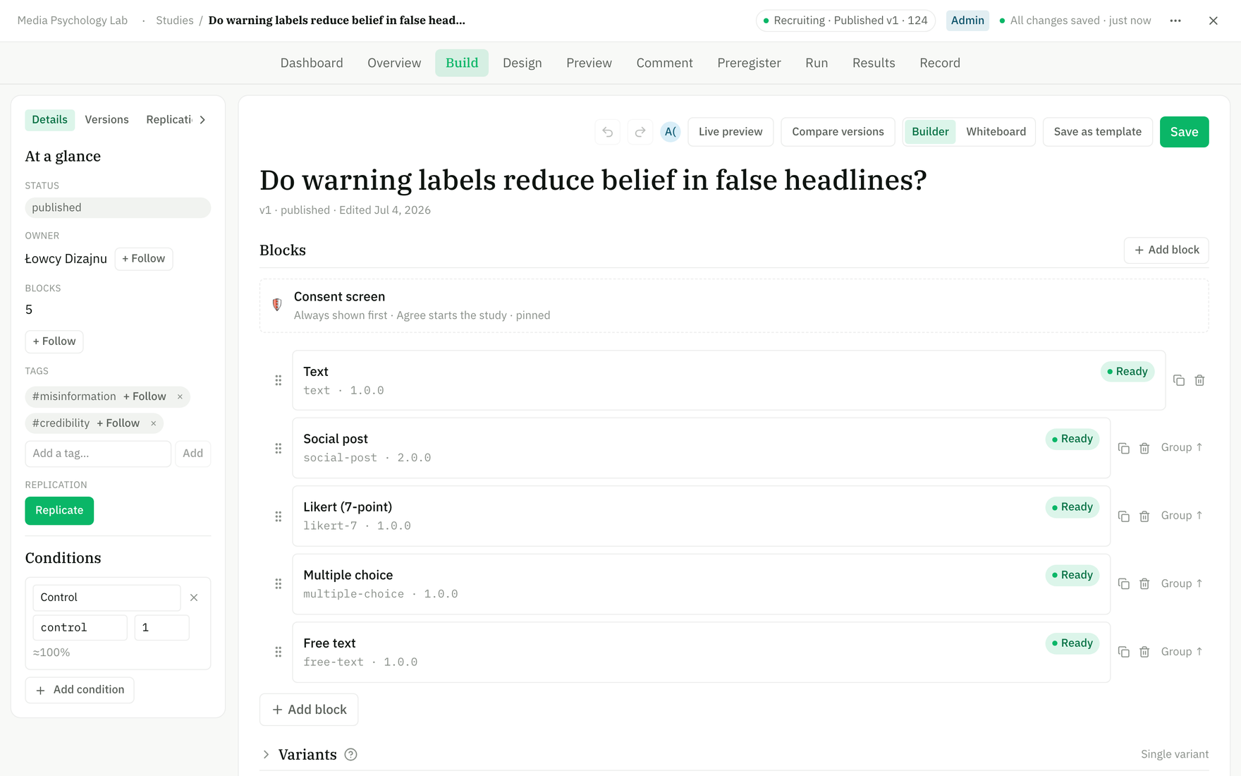 The Builder showing a study's block list and context panel