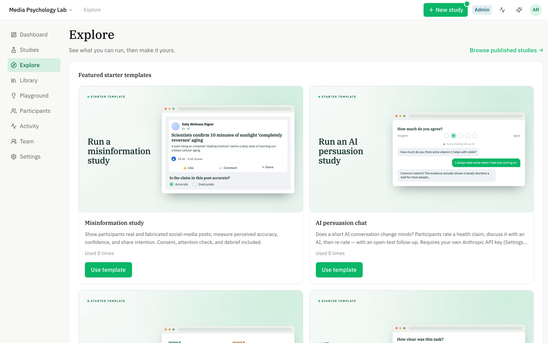 The Explore page showing featured starter templates