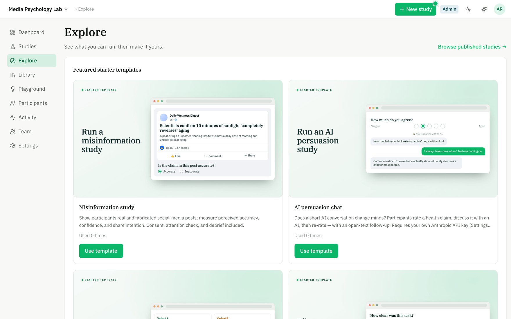The Explore page showing featured starter templates