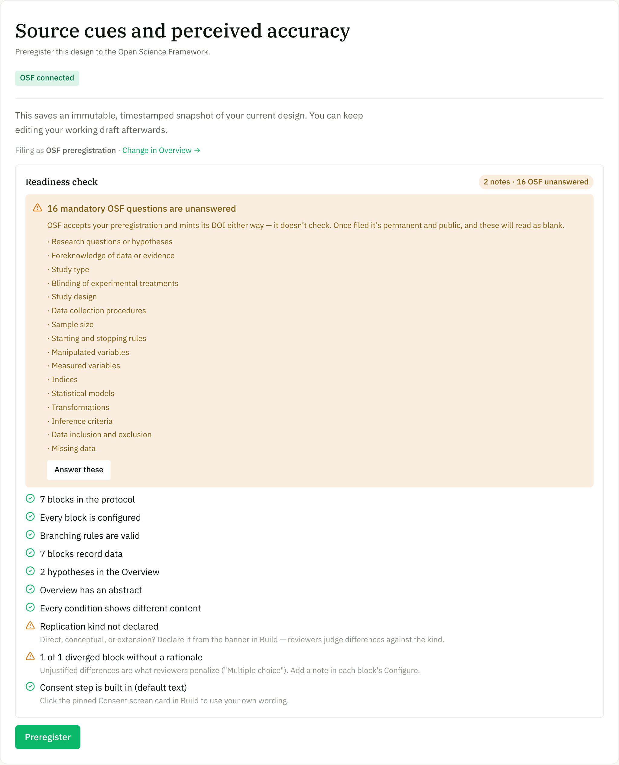 The Preregister page with the Readiness check