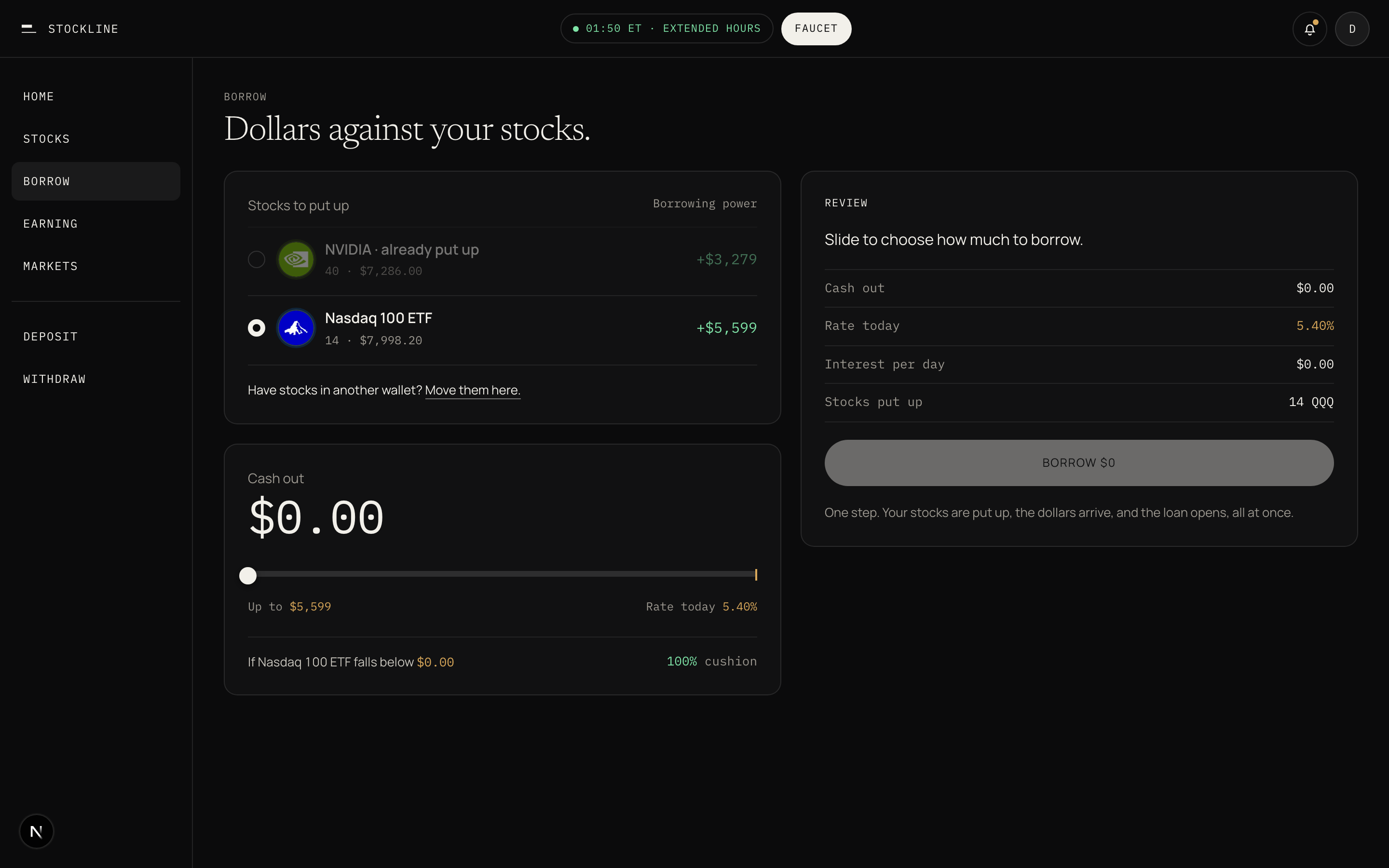The Borrow screen in the app, with stocks to put up on the left, a cash out slider, rate today, and a review panel.
