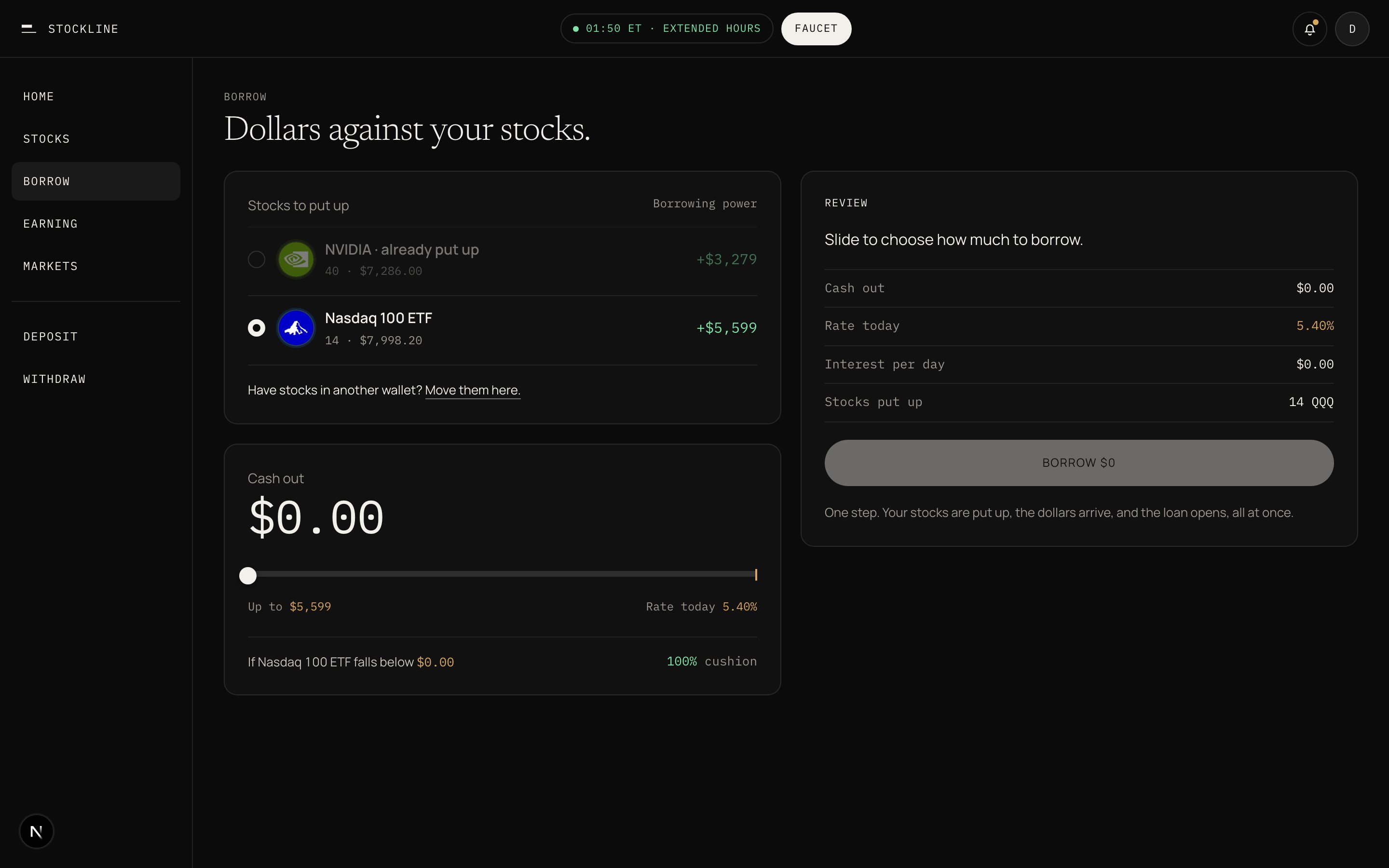 The Borrow screen in the app, with stocks to put up on the left, a cash out slider, rate today, and a review panel.