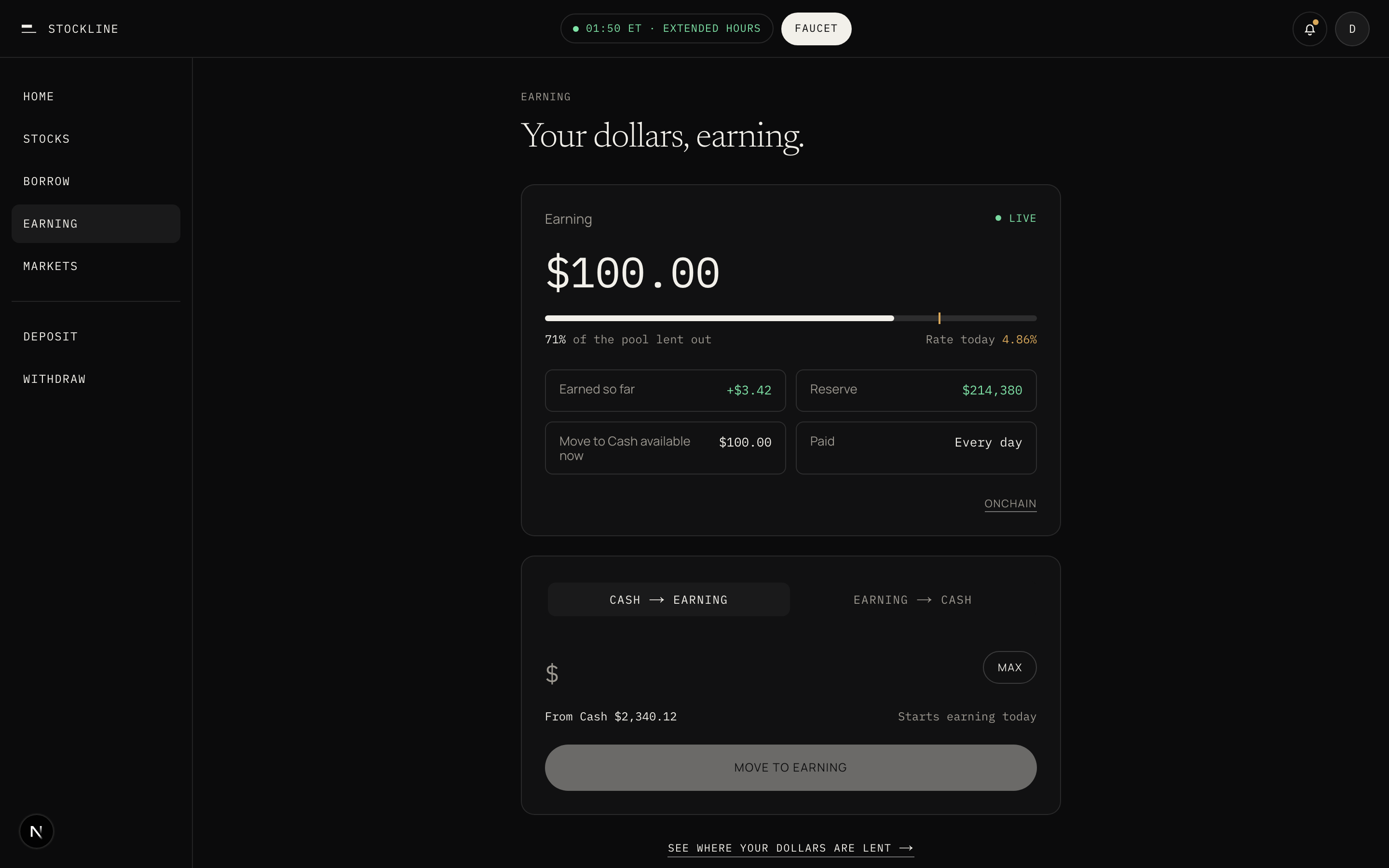 The Earning screen in the app, showing dollars in the pool, rate today, and the Move to Cash button.