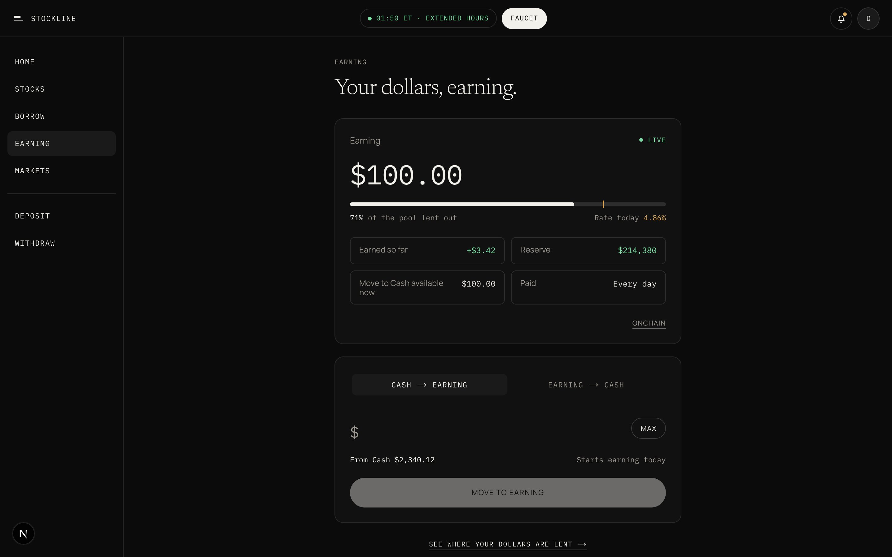The Earning screen in the app, showing dollars in the pool, rate today, and the Move to Cash button.