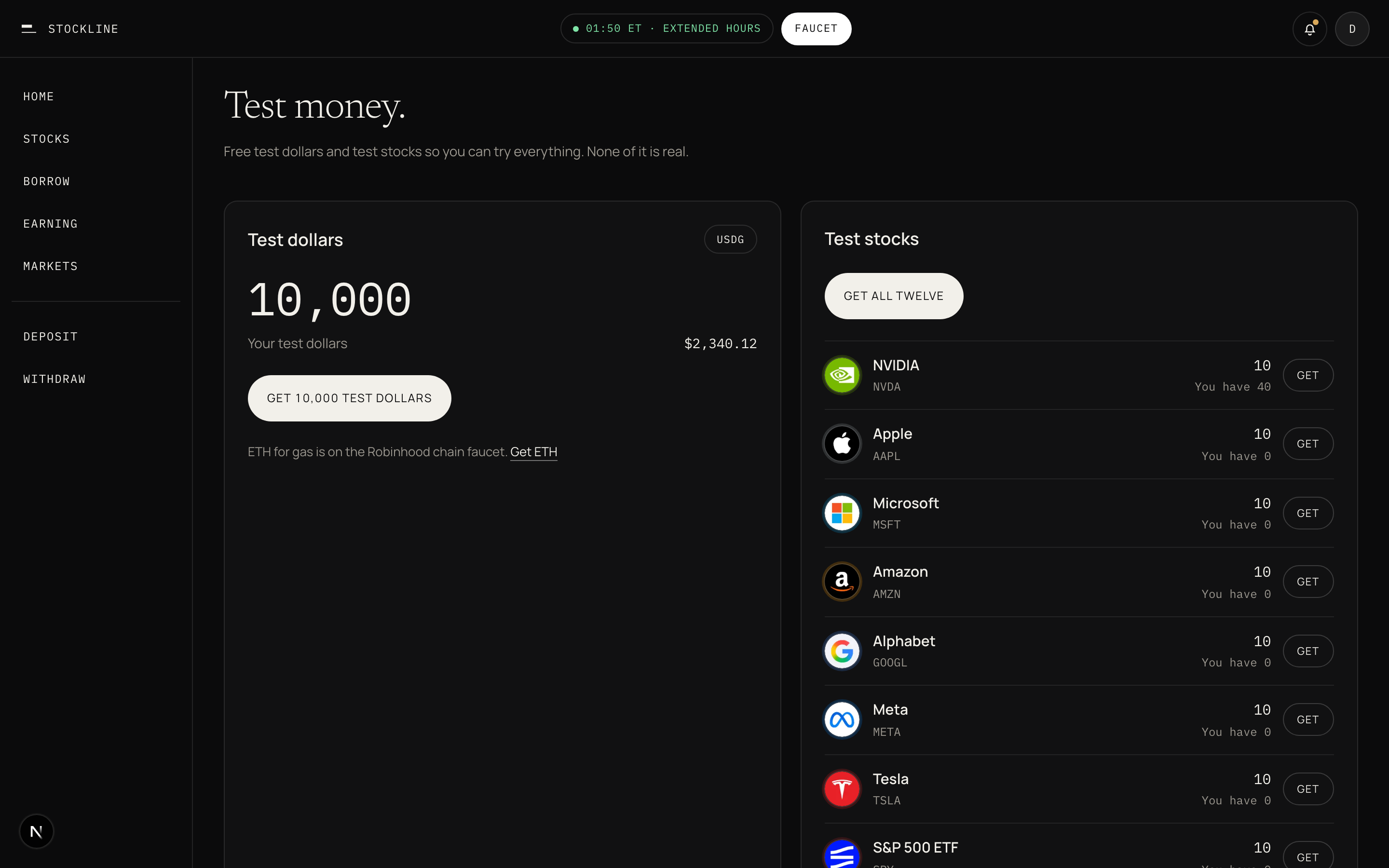 The testnet faucet page in the app, with a claim card for test dollars and a claim card for test stocks.