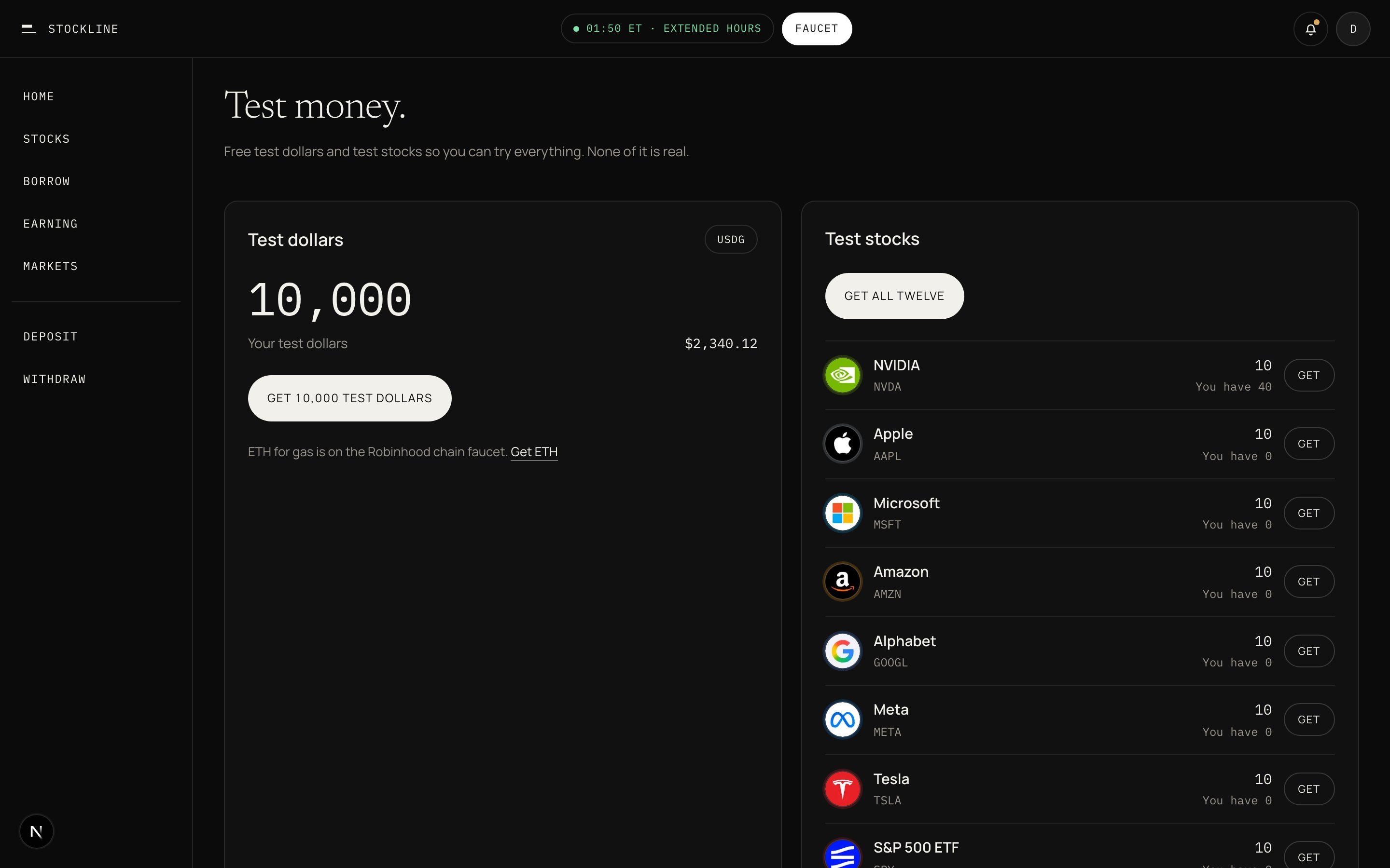 The testnet faucet page in the app, with a claim card for test dollars and a claim card for test stocks.