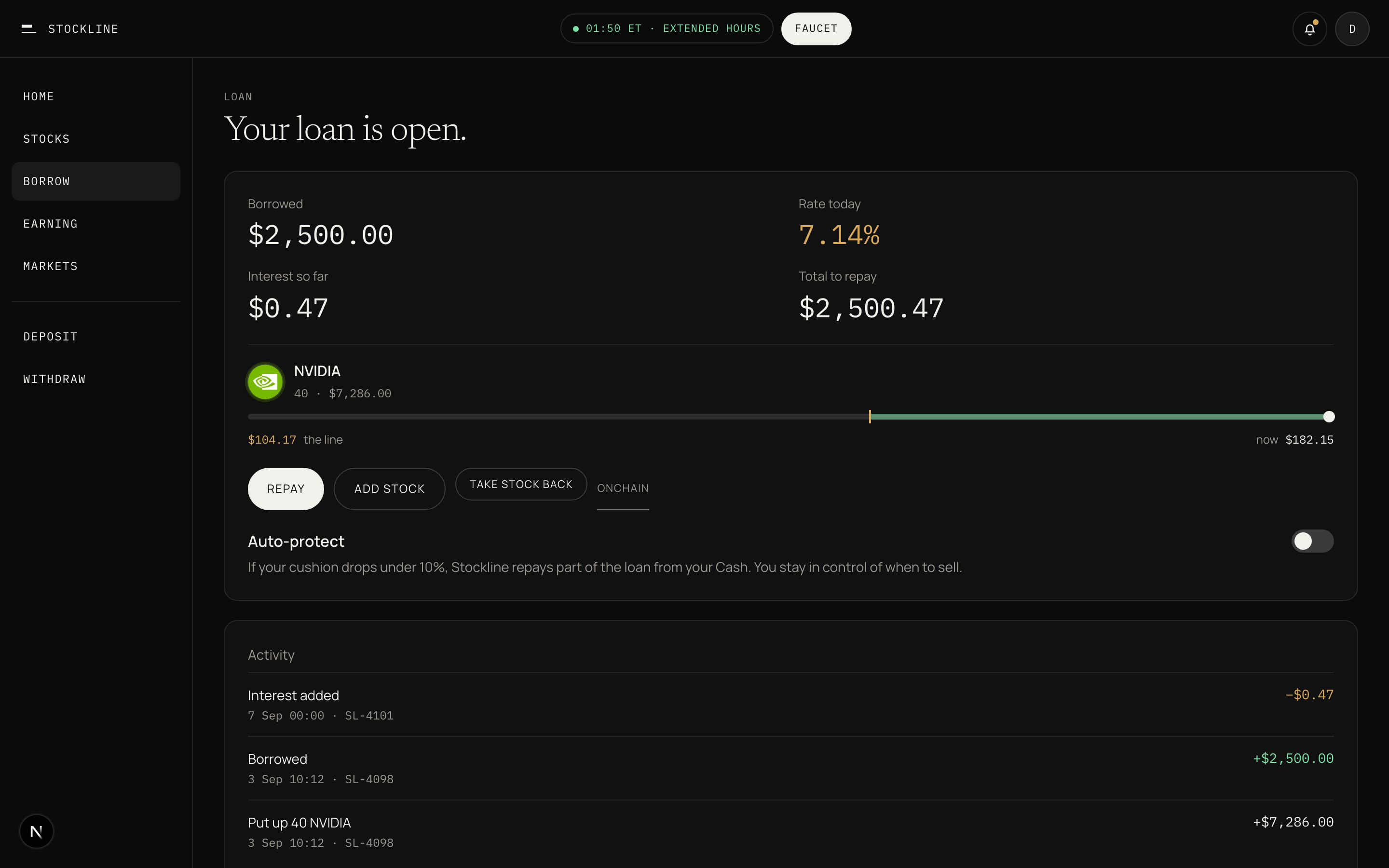 The open loan card in the app, showing borrowed amount, rate today, total to repay, the NVIDIA line at 104.17 dollars, and the Repay, Add stock, and Take stock back buttons.