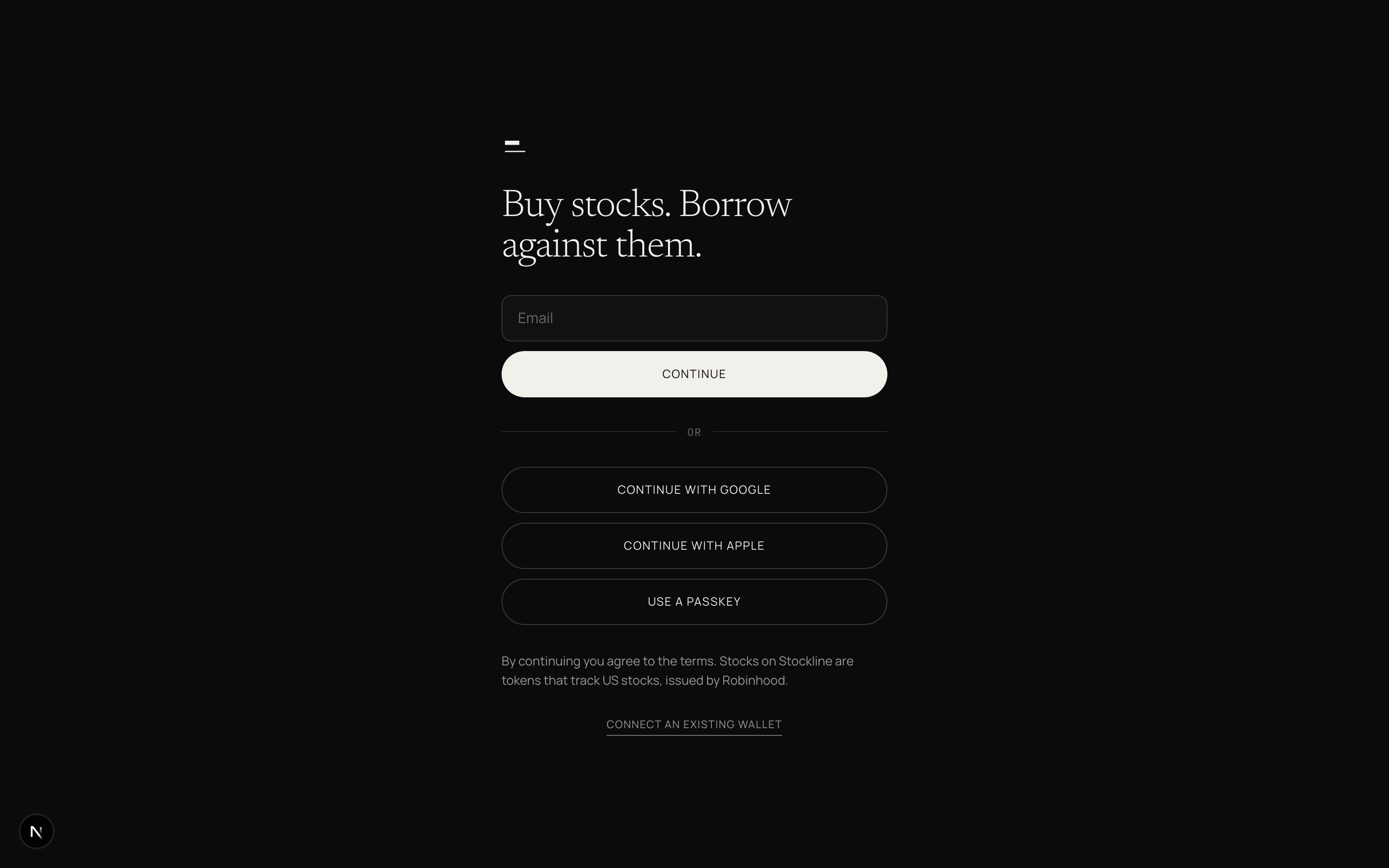 The Stockline sign-in screen with one email field and buttons for Google, Apple, and passkey.