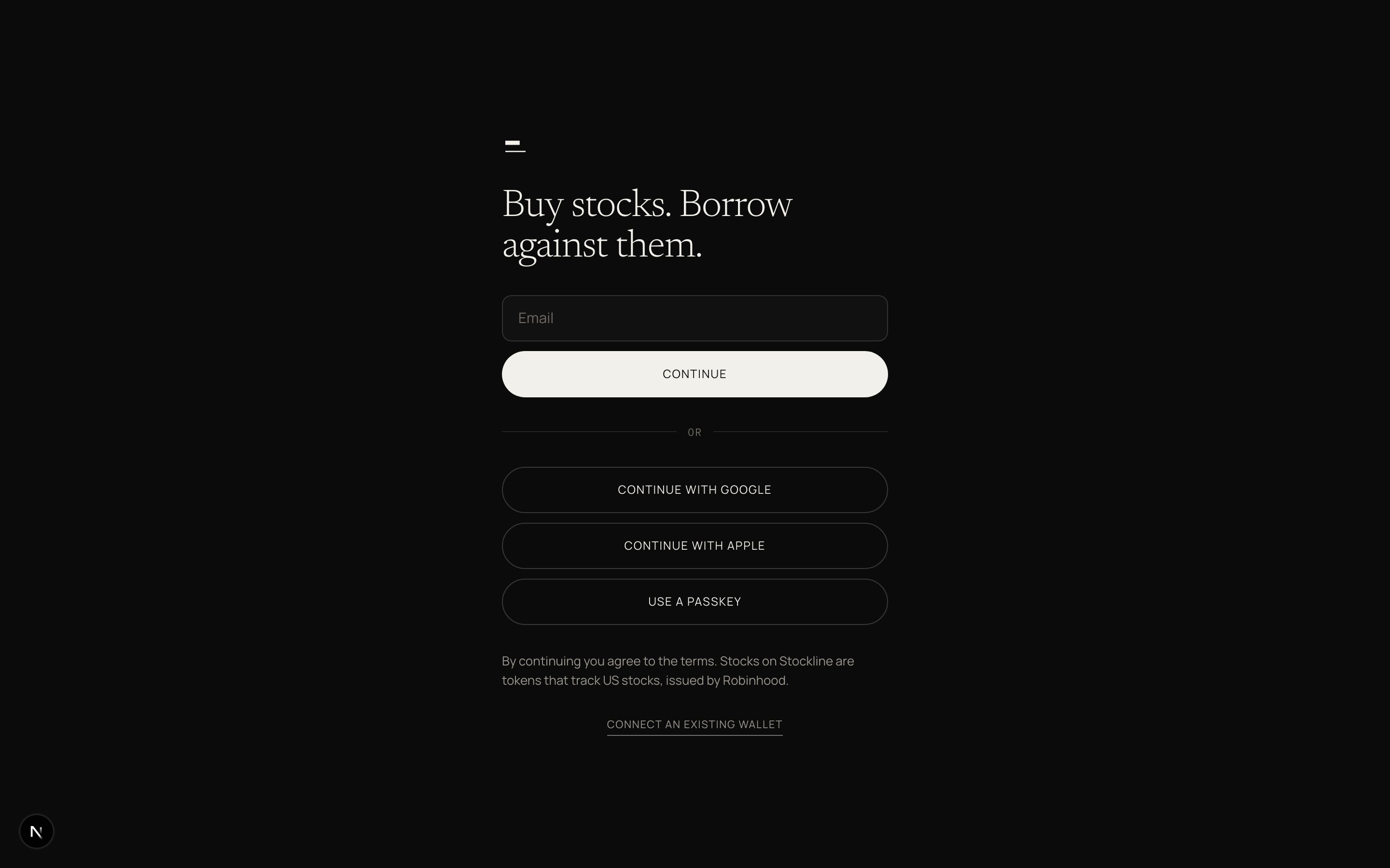 The Stockline sign-in screen with one email field and buttons for Google, Apple, and passkey.