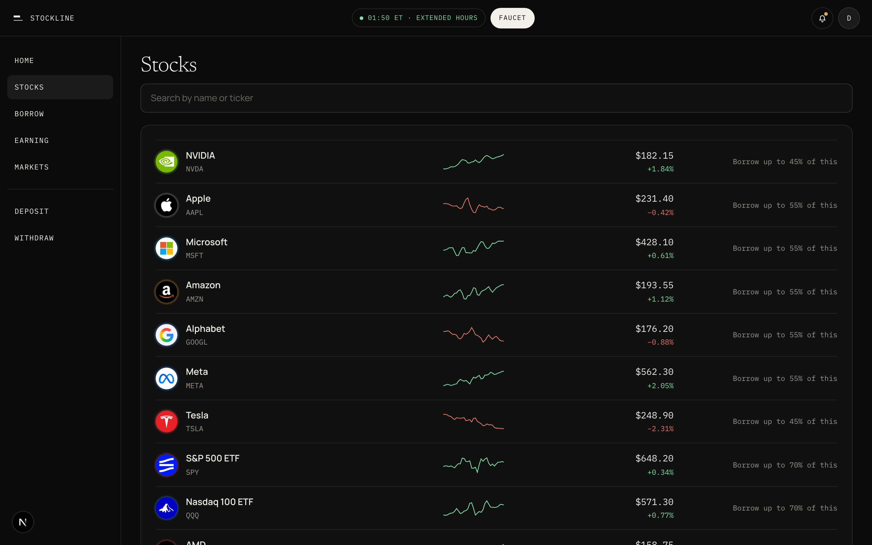 The Stocks list in the app, with logo, name, ticker, chart, price, and Borrow up to a percent of this for each stock.