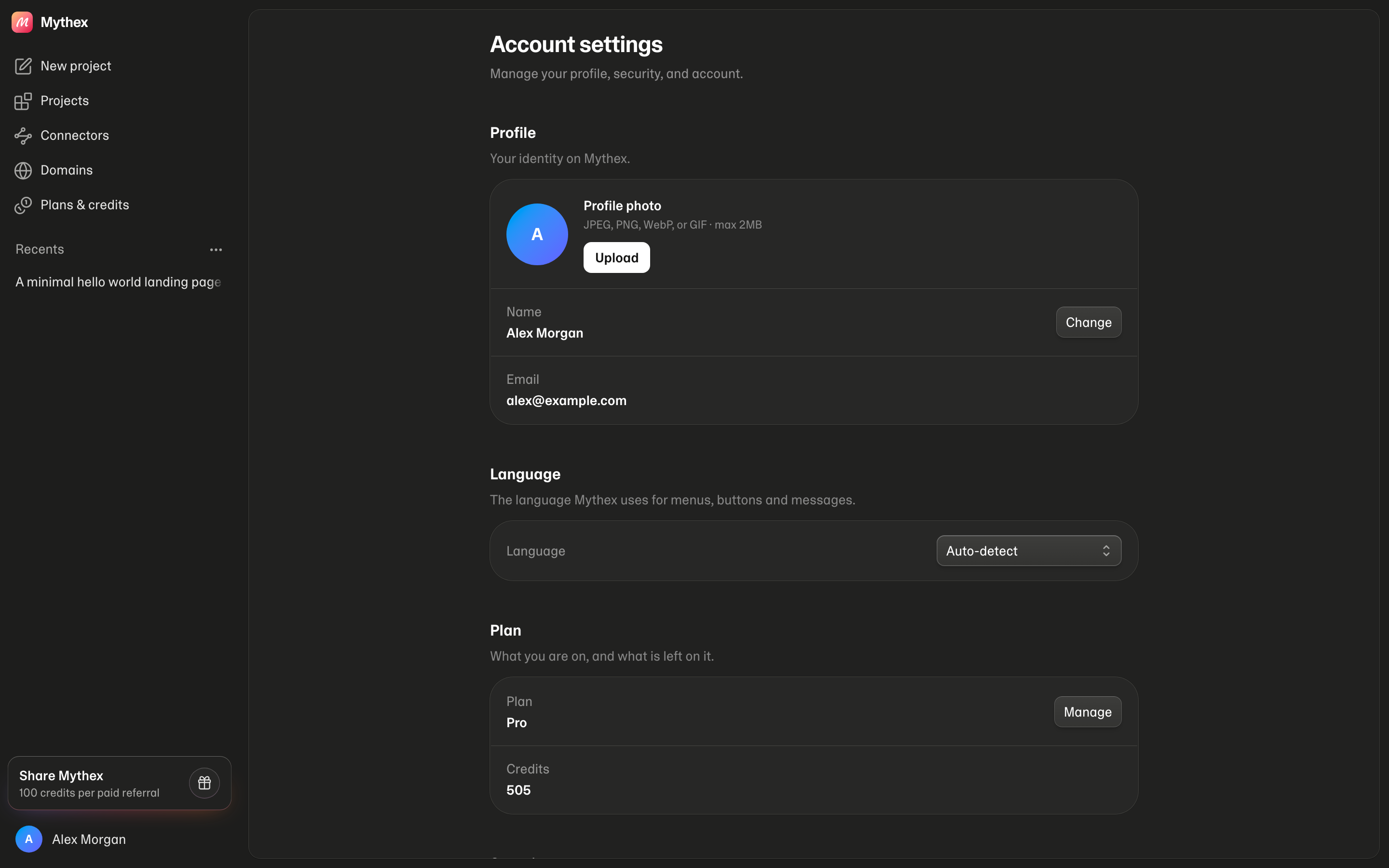 Account settings — profile, plan, and password