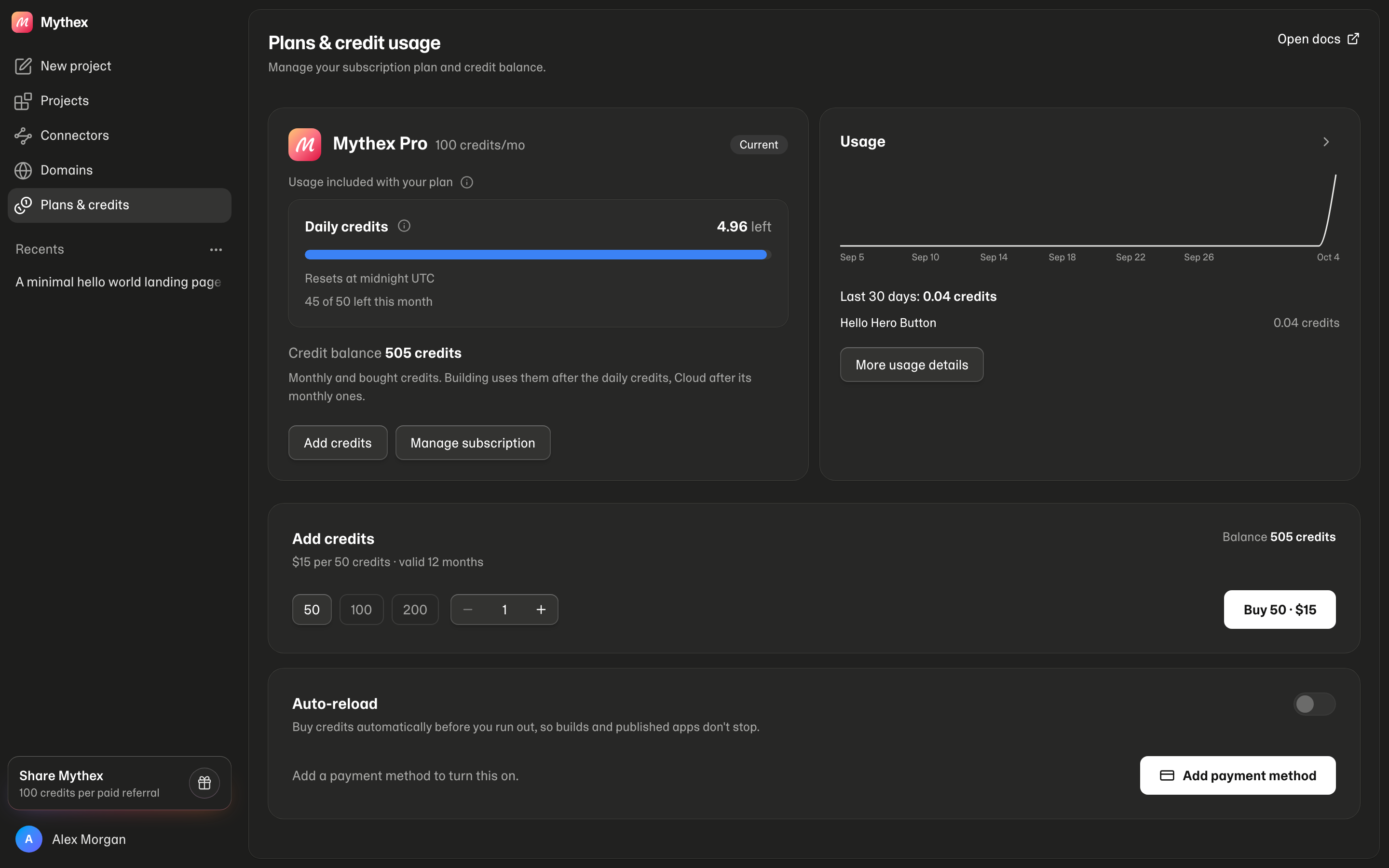 Plans & credit usage — plan, balance, top-ups and auto-reload