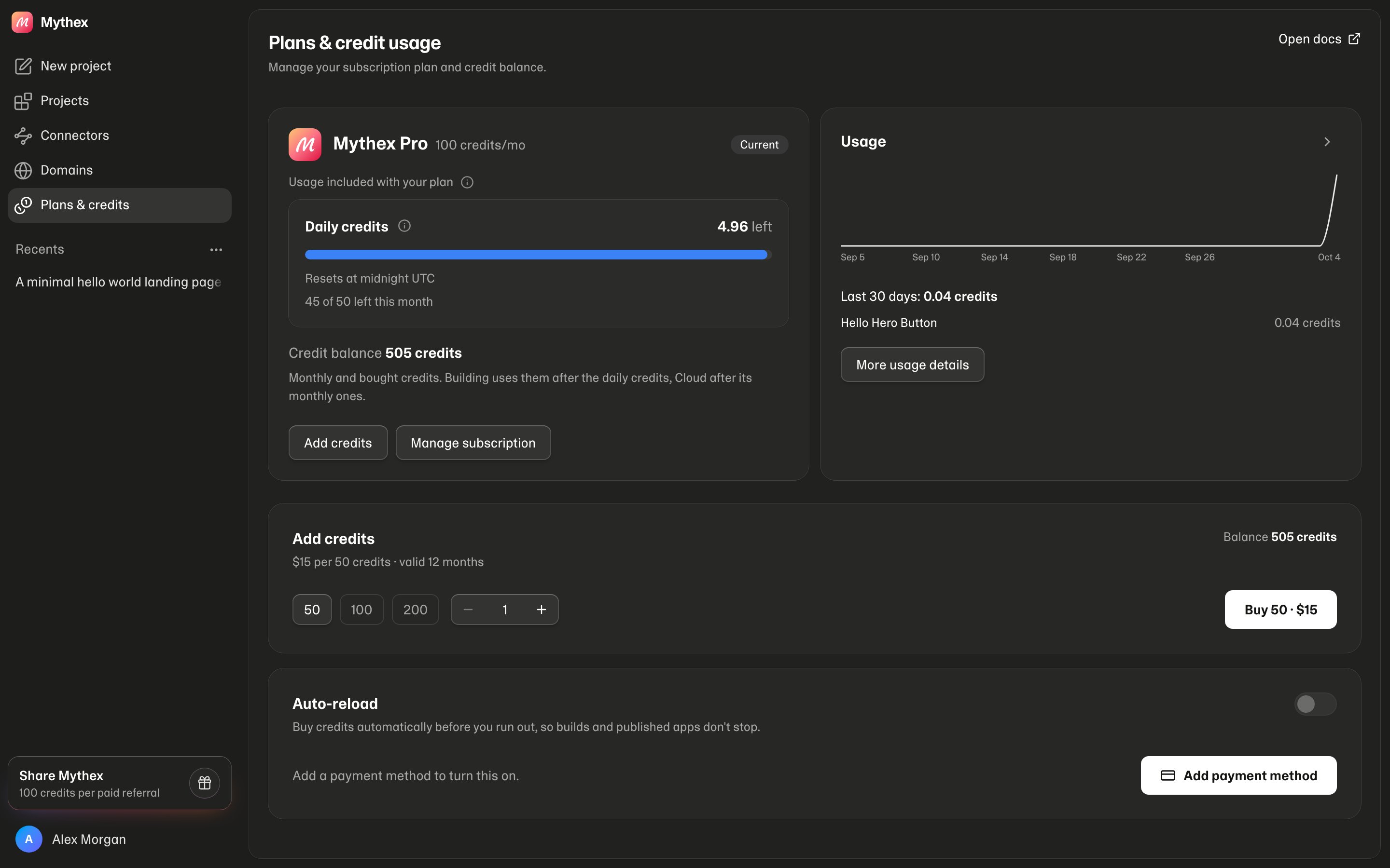 Plans & credit usage — plan, balance, top-ups and auto-reload