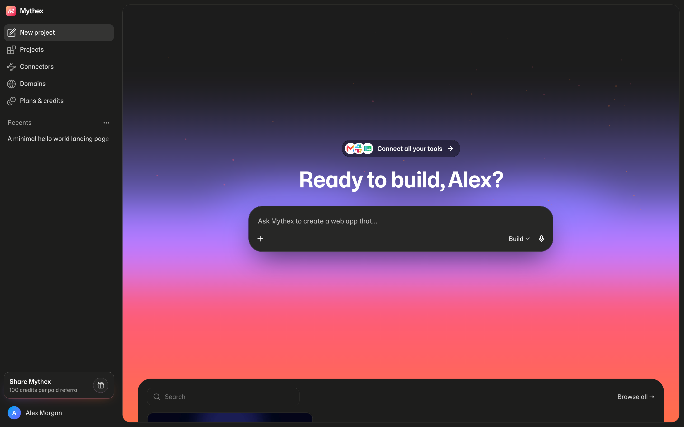 Mythex dashboard — describe an app and start building