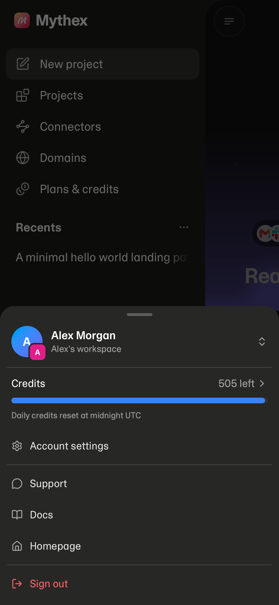 The account sheet: you and your workspace, credits, and the account menu