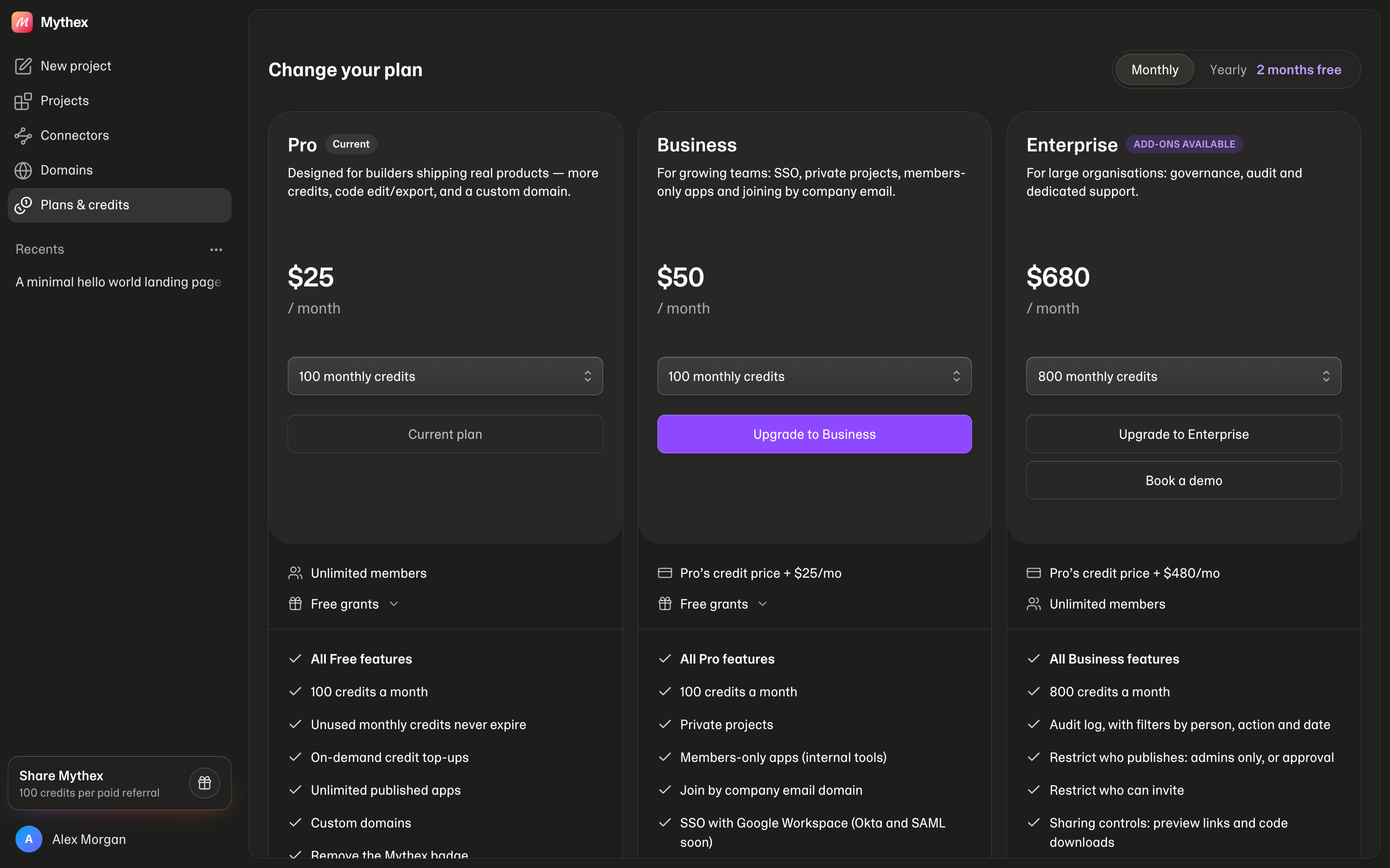 Plan cards on Plans & credits — Pro, Business and Enterprise, each with a tier of monthly credits; Enterprise is tagged Add-ons available and has Book a demo