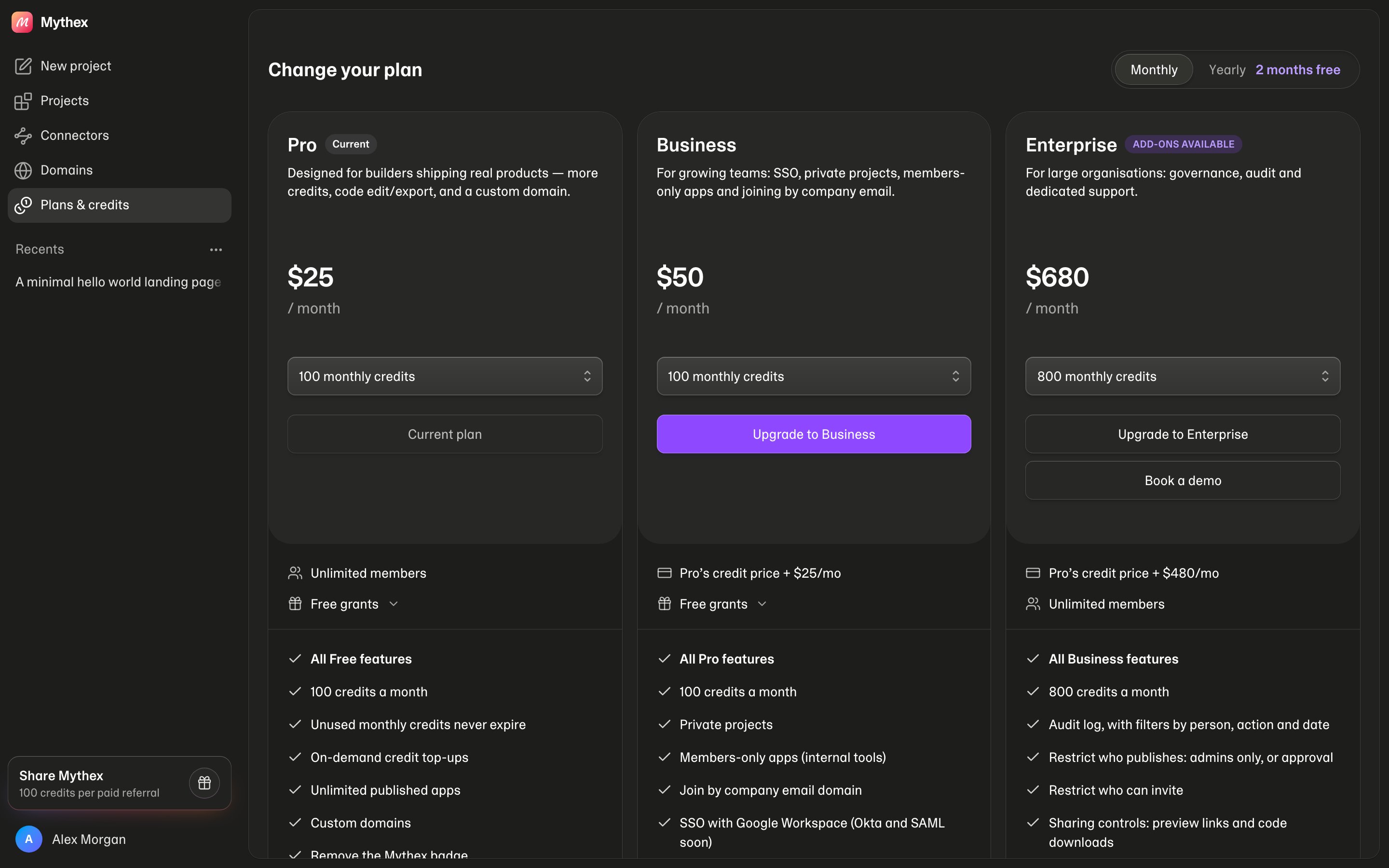Plan cards on Plans & credits — Pro, Business and Enterprise, each with a tier of monthly credits; Enterprise is tagged Add-ons available and has Book a demo