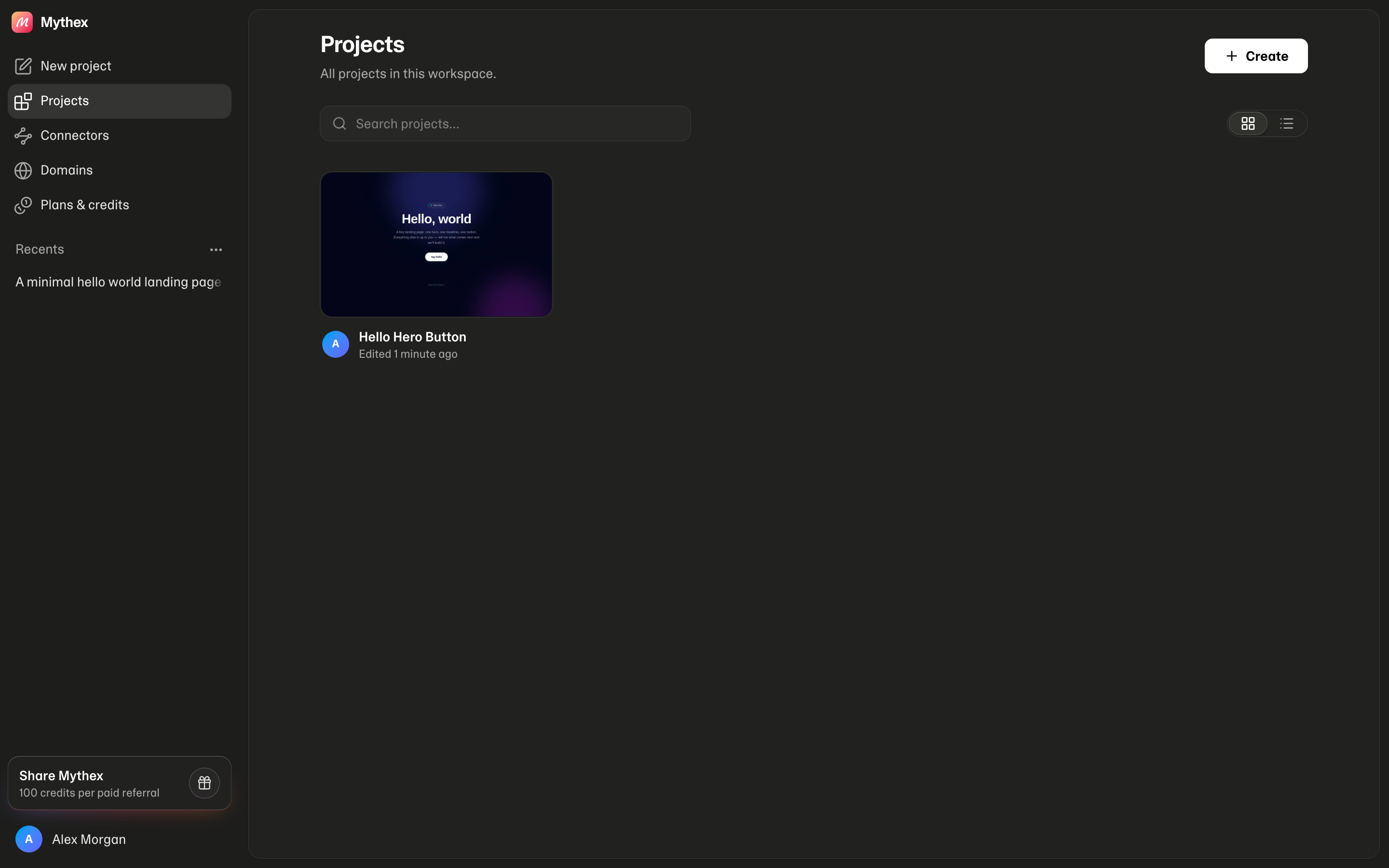Projects library — search and grid or list view