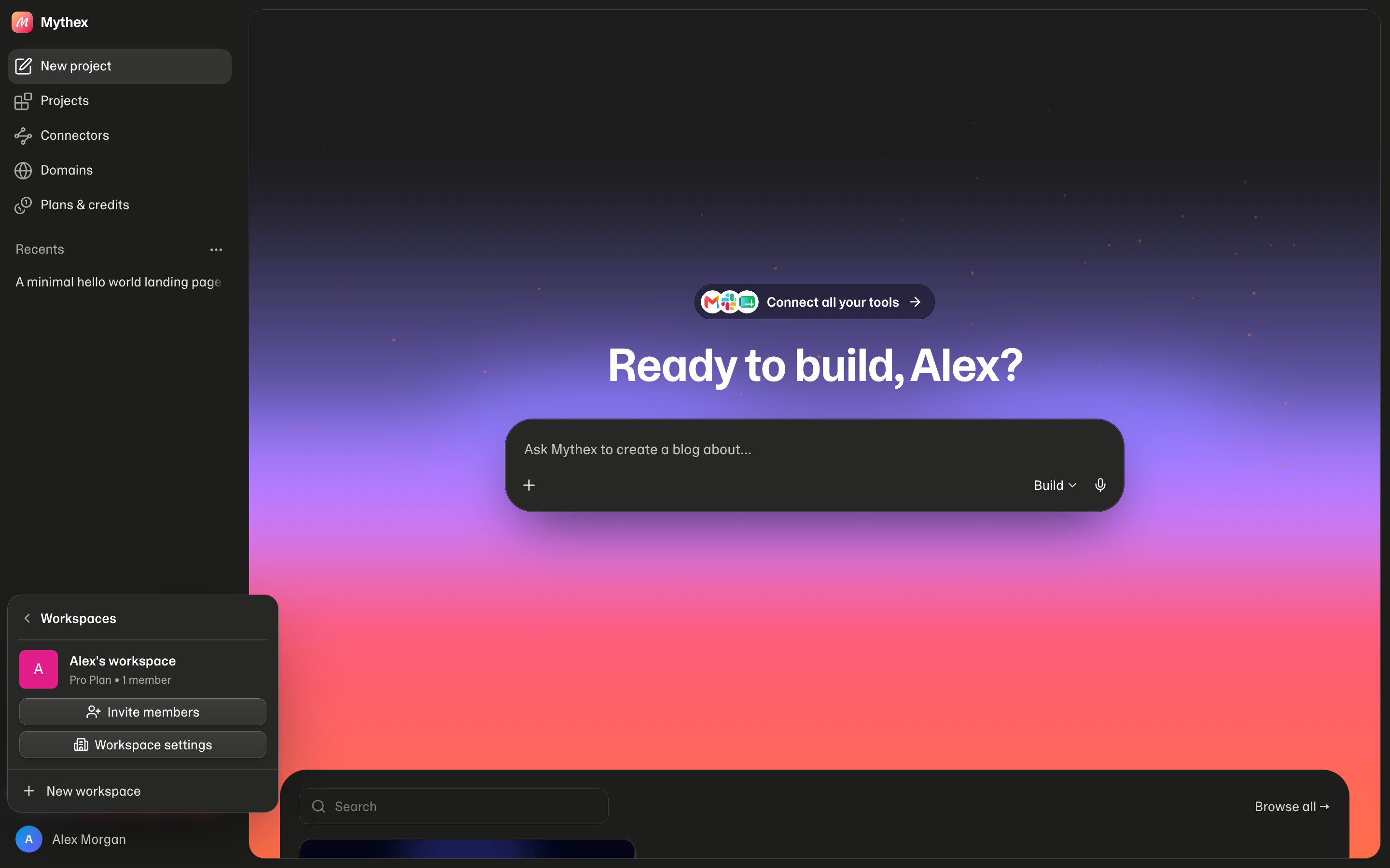 Workspace menu — your workspace and plan, Invite members, Workspace settings, and New workspace