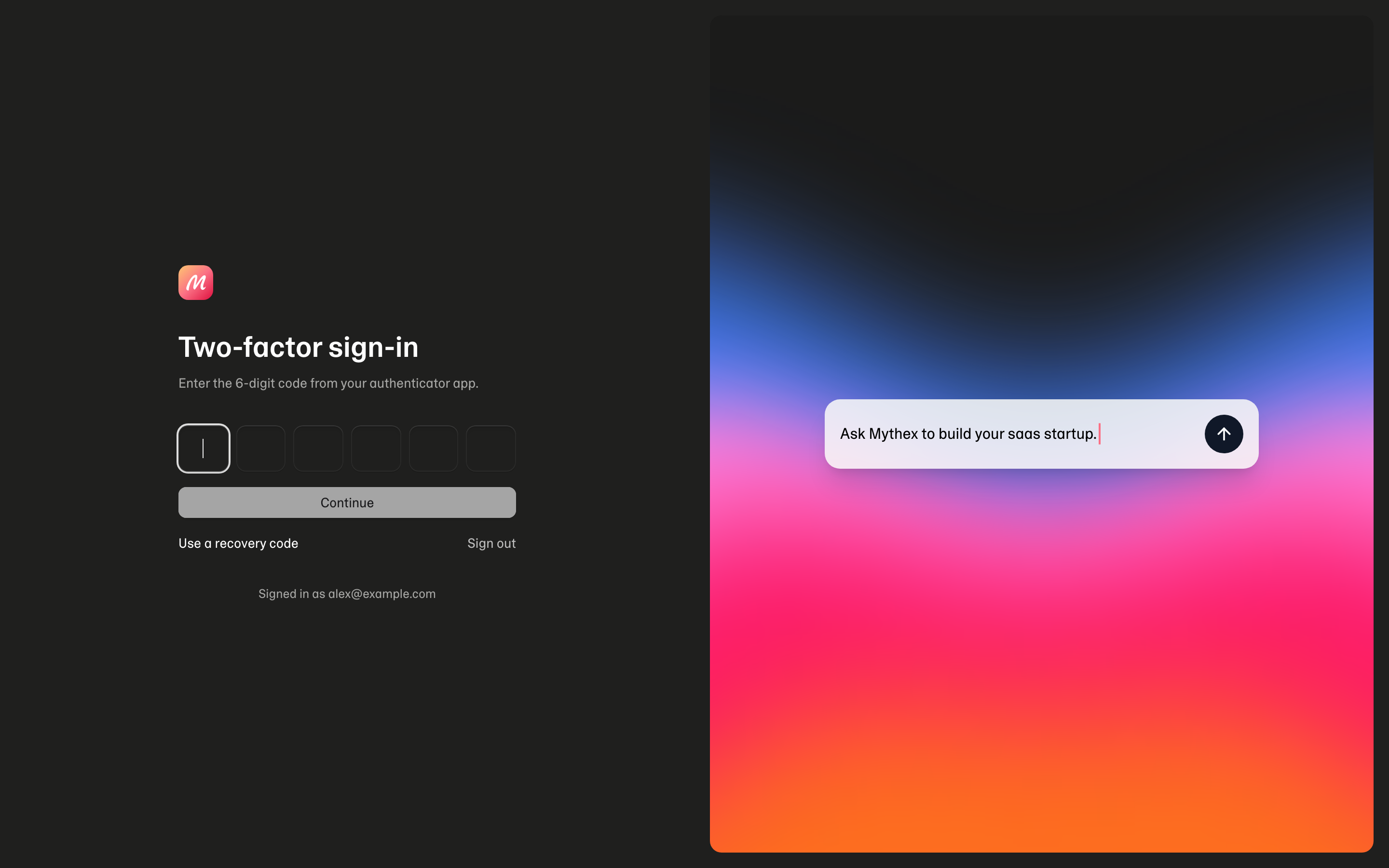 Two-factor sign-in — six boxes for the code from your authenticator app, Use a recovery code, Sign out