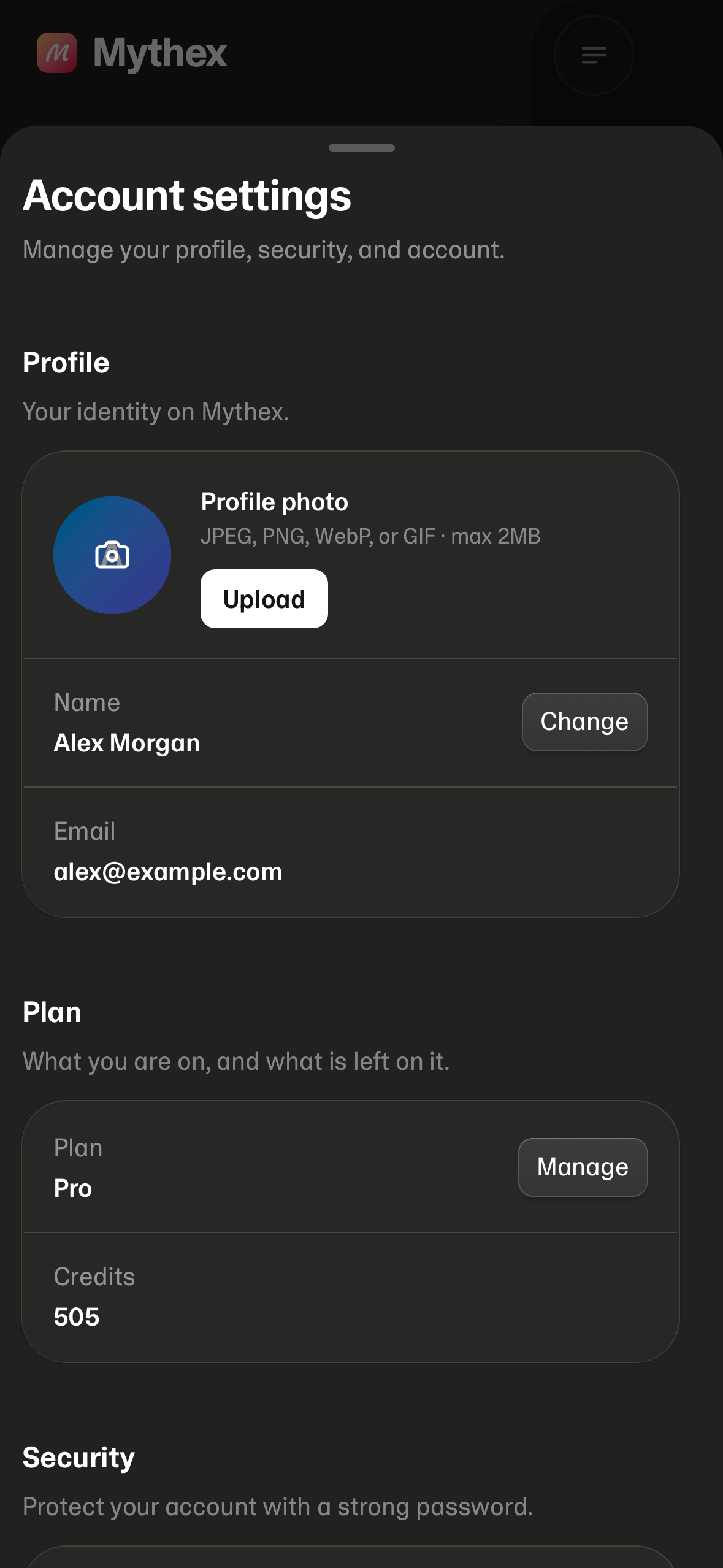 Account settings open in a sheet over the page it was opened from