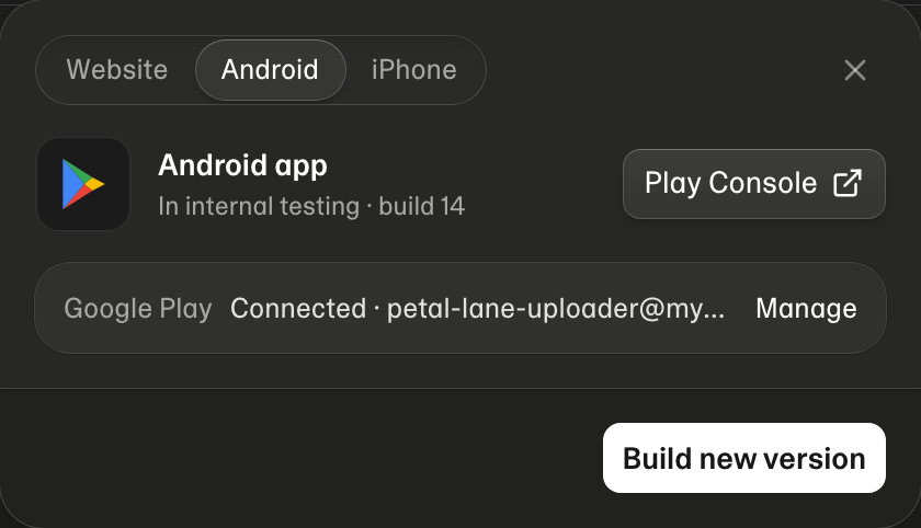 Publish → Android: the app's latest build, its Google Play account, and Build new version