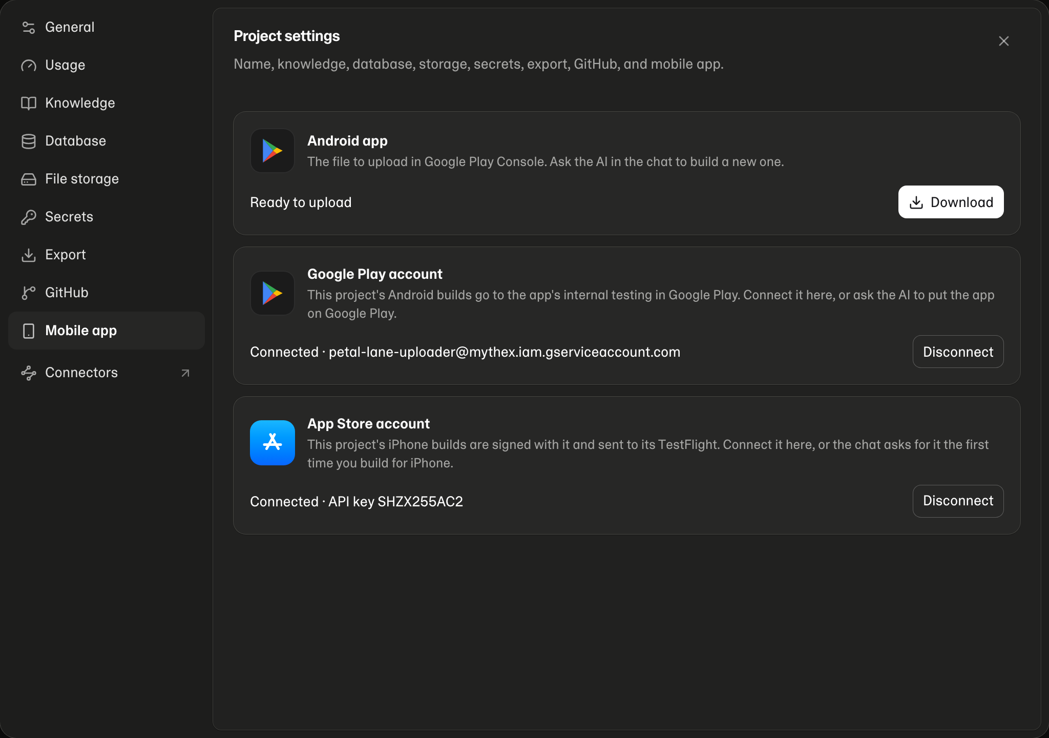 Project settings → Mobile app: the Android file, and the Google Play and App Store accounts