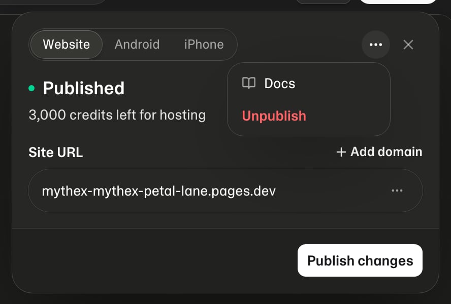 Published app — More menu with Unpublish