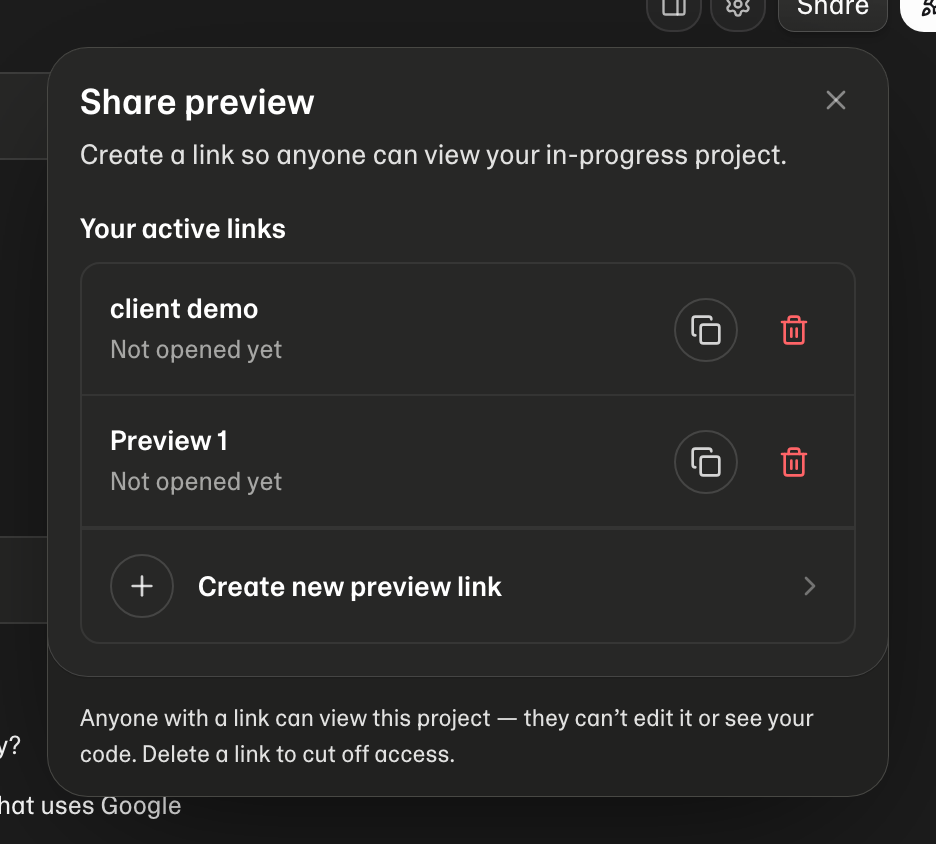 The Share preview panel