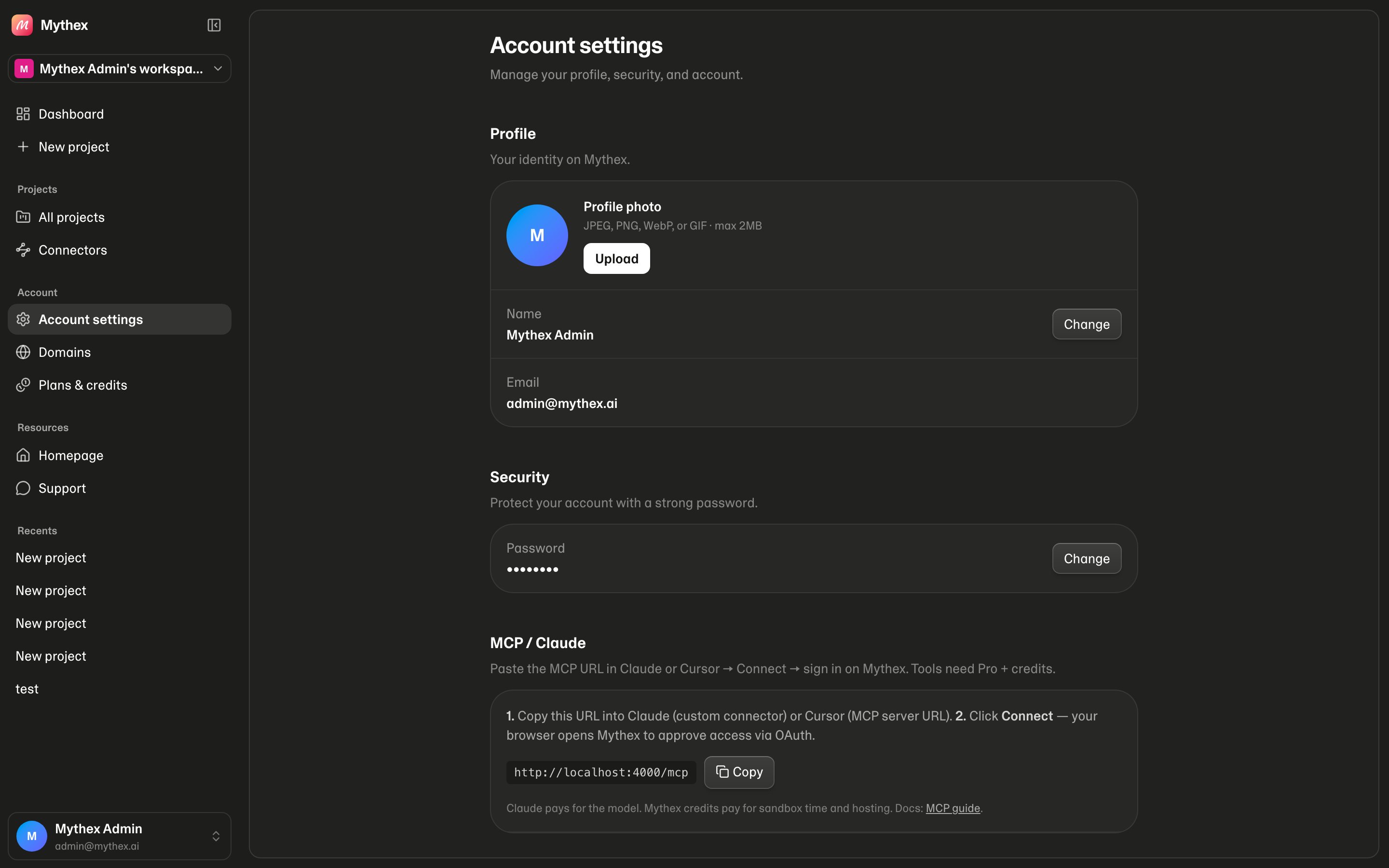 Account settings — profile, password, and delete account