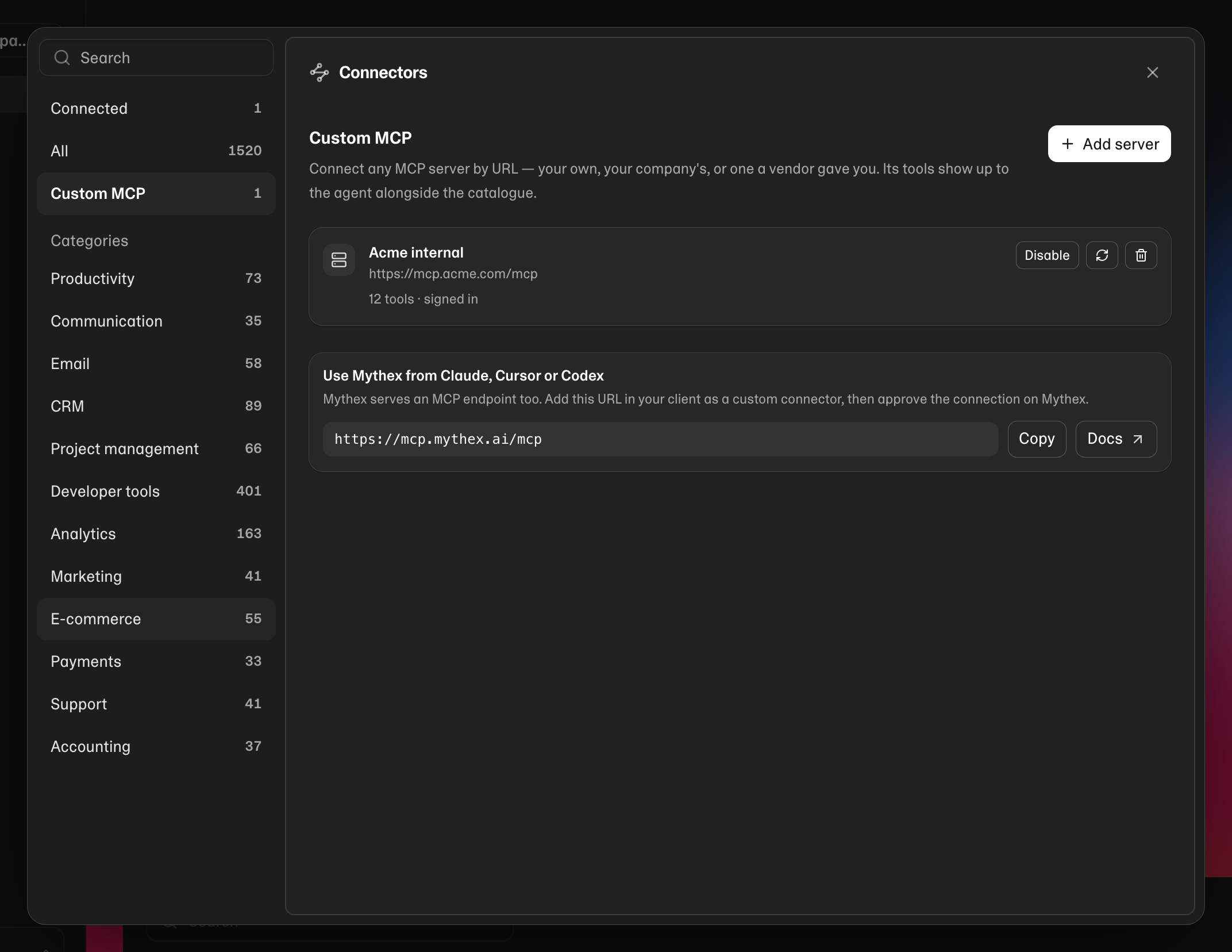 The Custom MCP tab