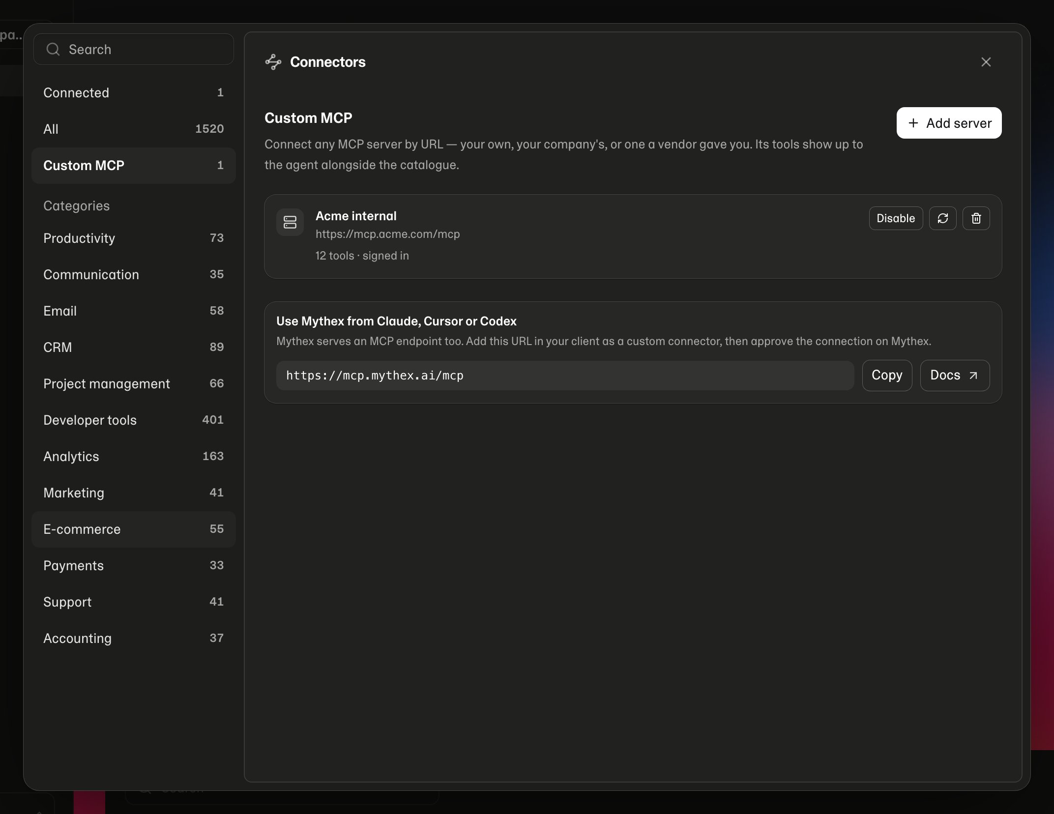 The Custom MCP tab