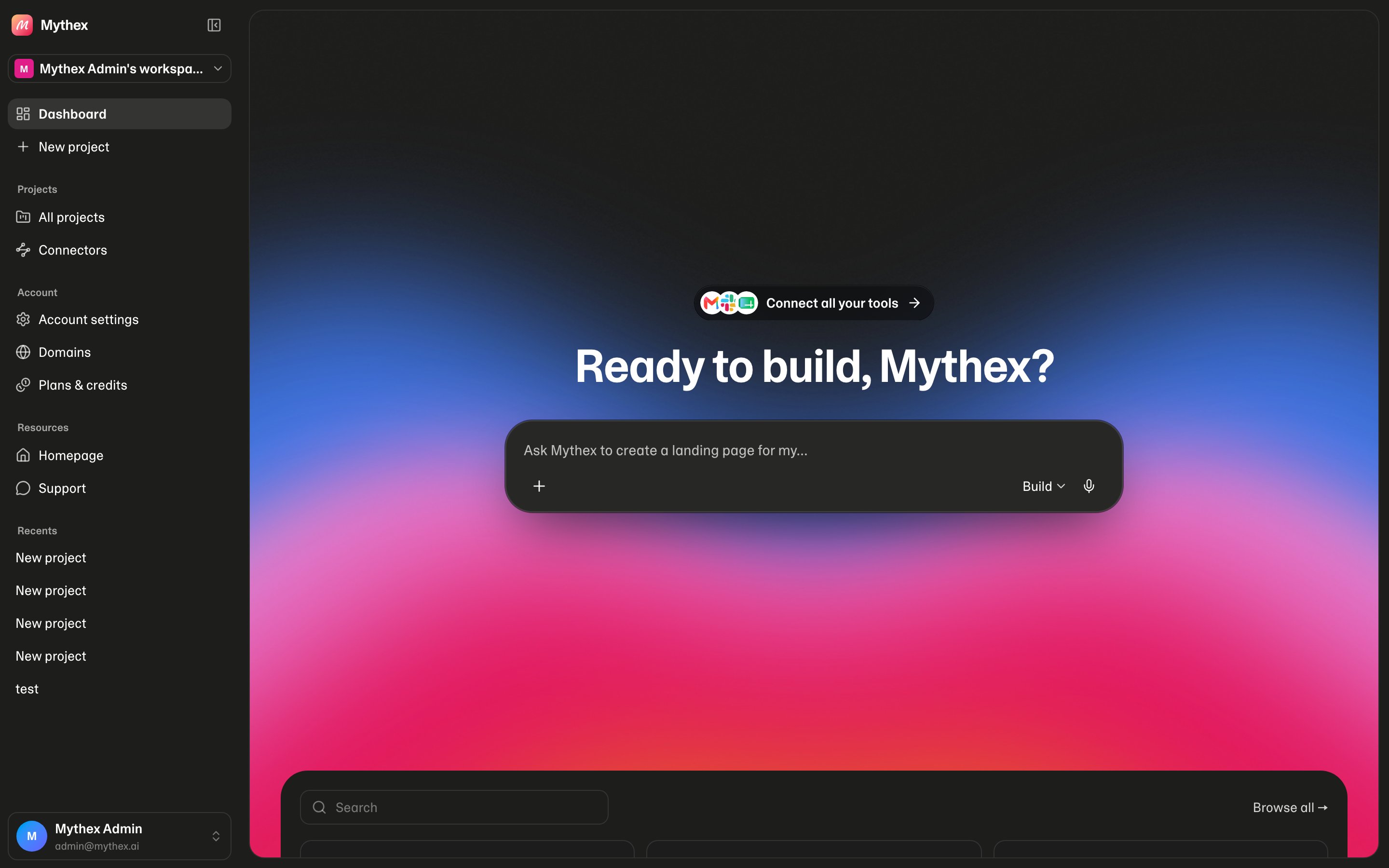 Mythex dashboard — describe an app and start building