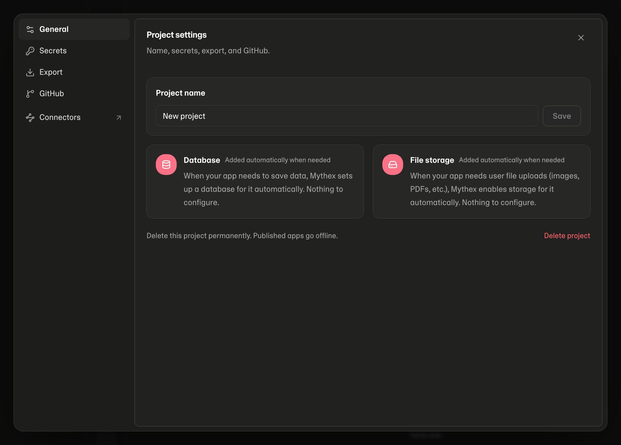 Project settings — General, Secrets, Export, and GitHub