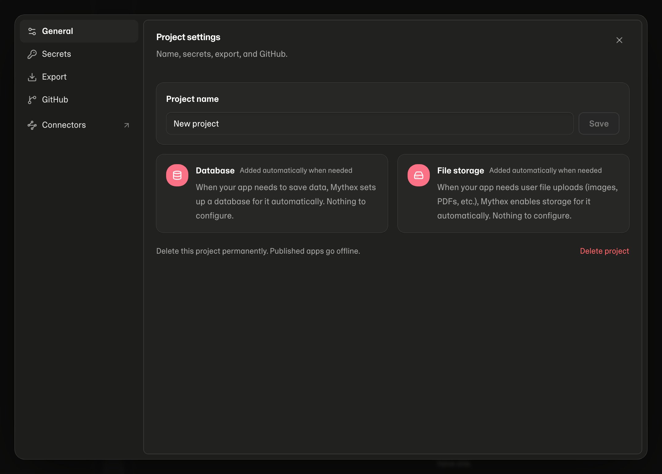 Project settings — General, Secrets, Export, and GitHub
