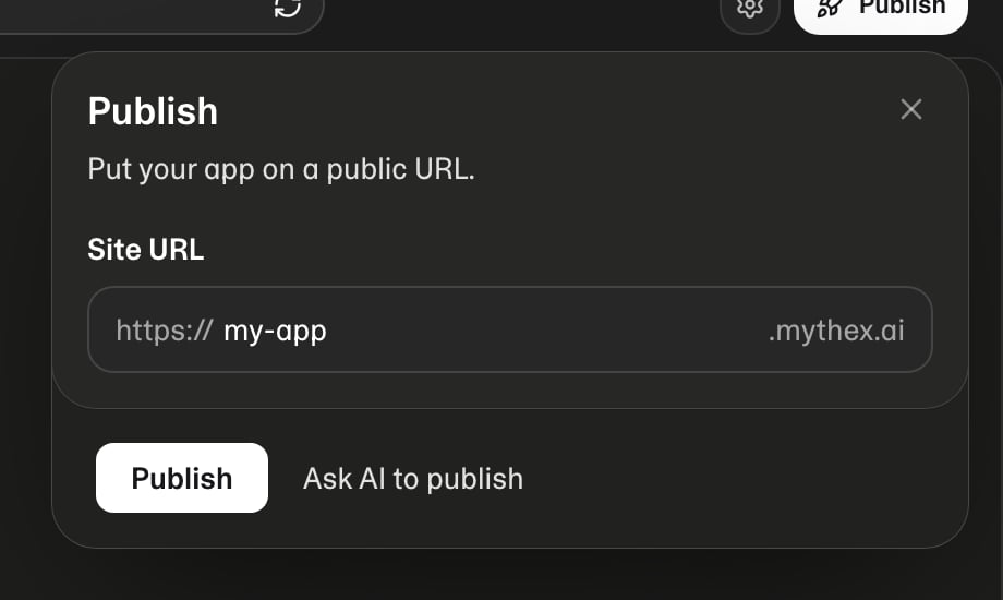 Publish dialog — choose a slug and deploy to a public URL