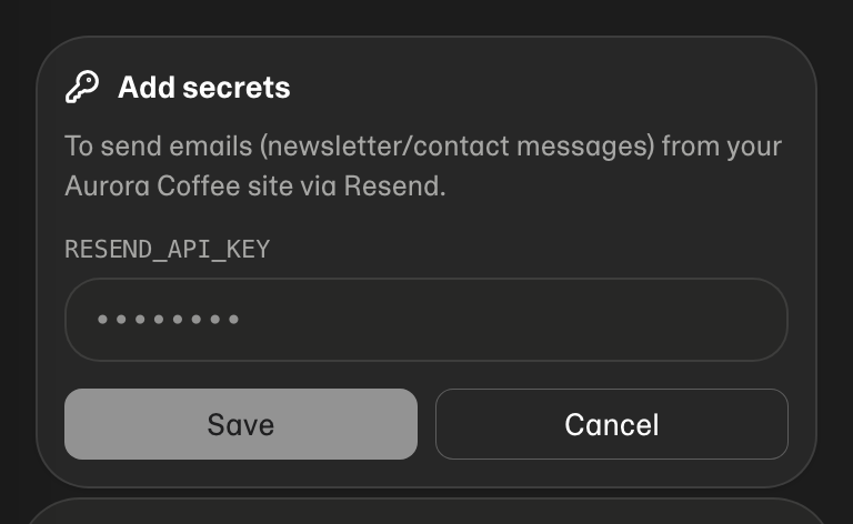 Add secrets card in chat for RESEND_API_KEY