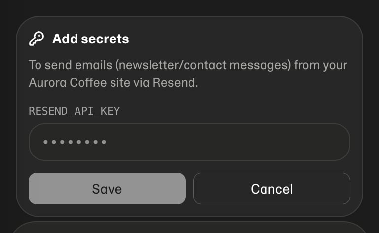 Add secrets card in chat for RESEND_API_KEY
