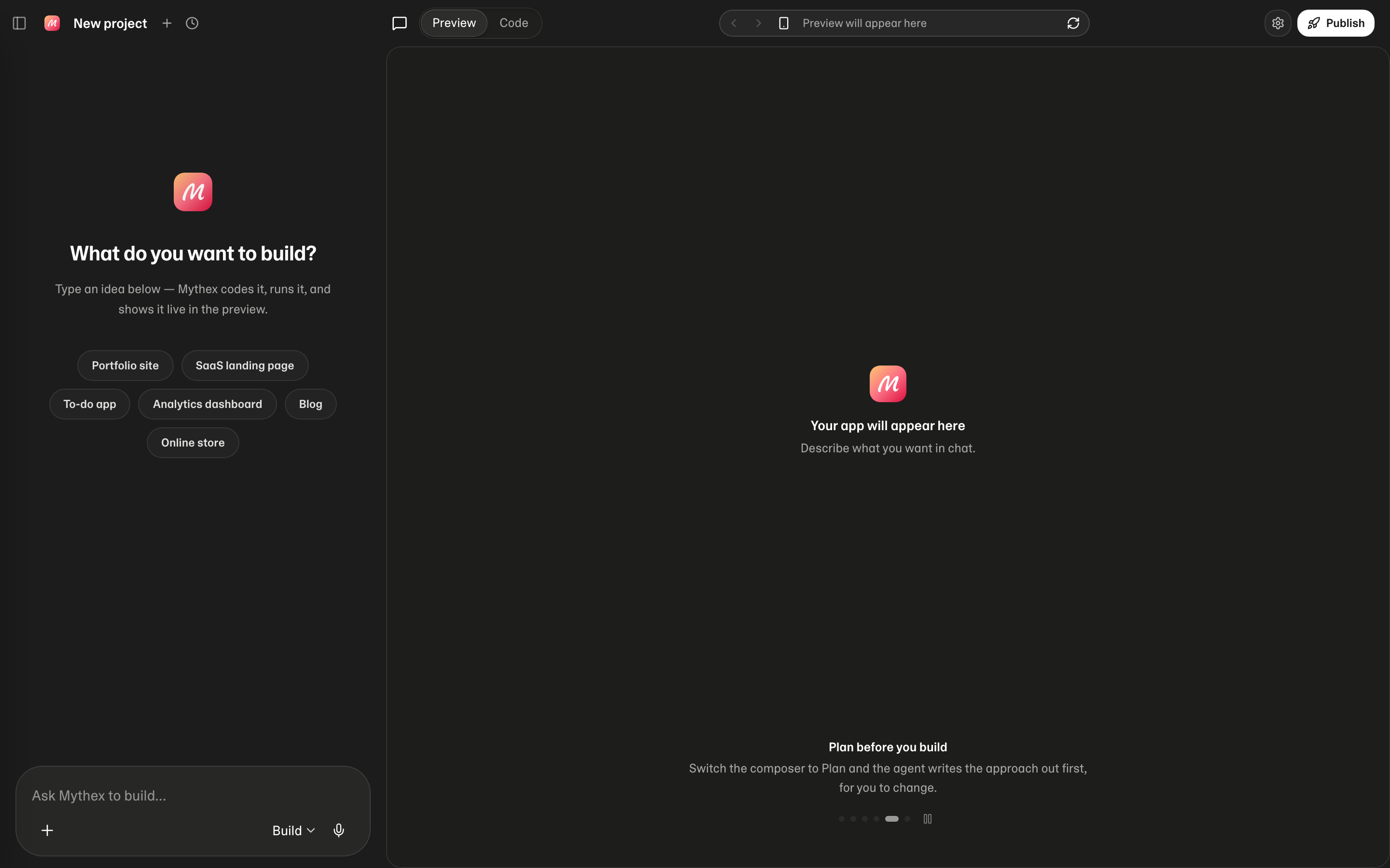 Workspace — chat on the left, Preview or Code on the right