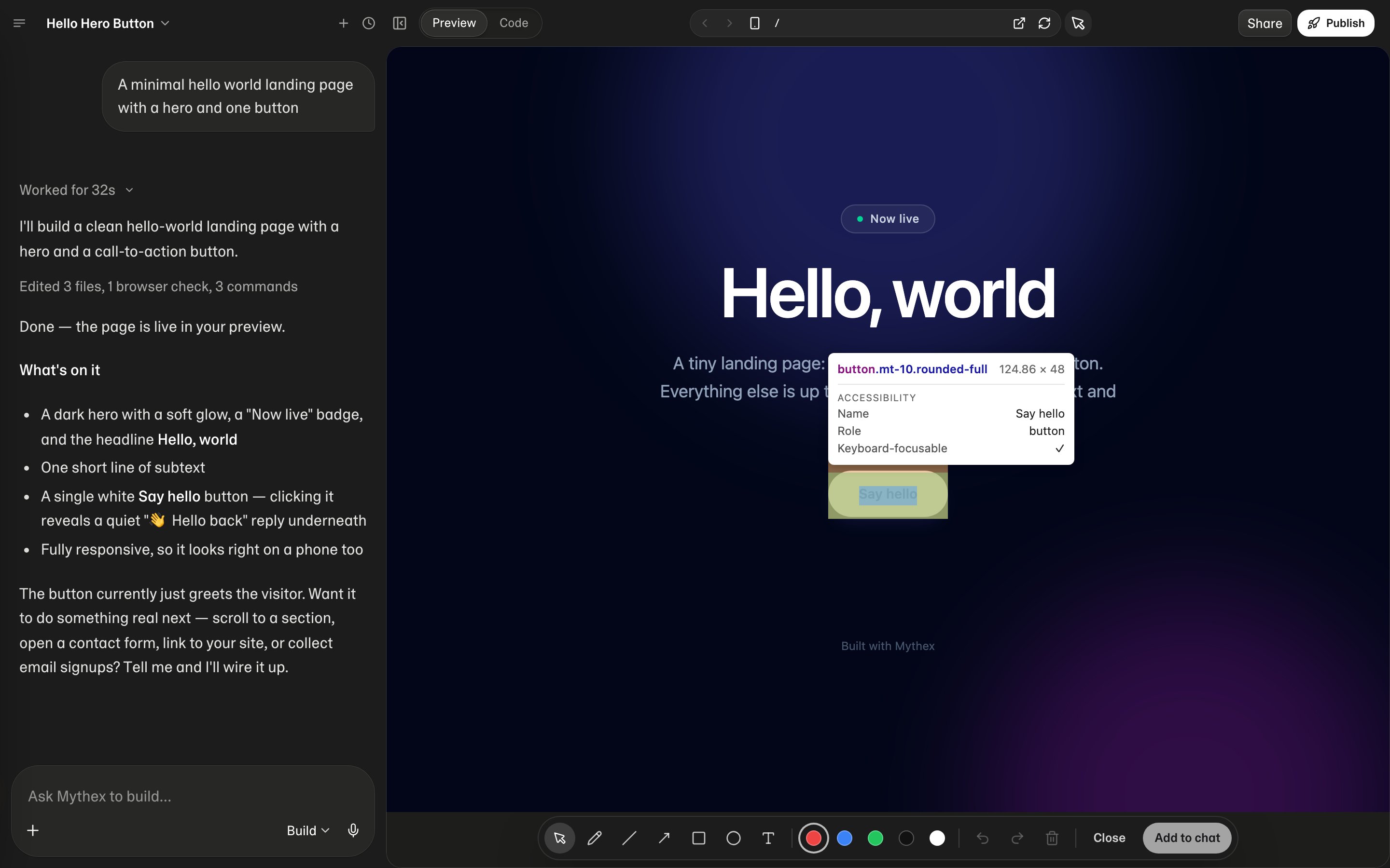 Select mode: the pointer over the app's button, with its outline and details