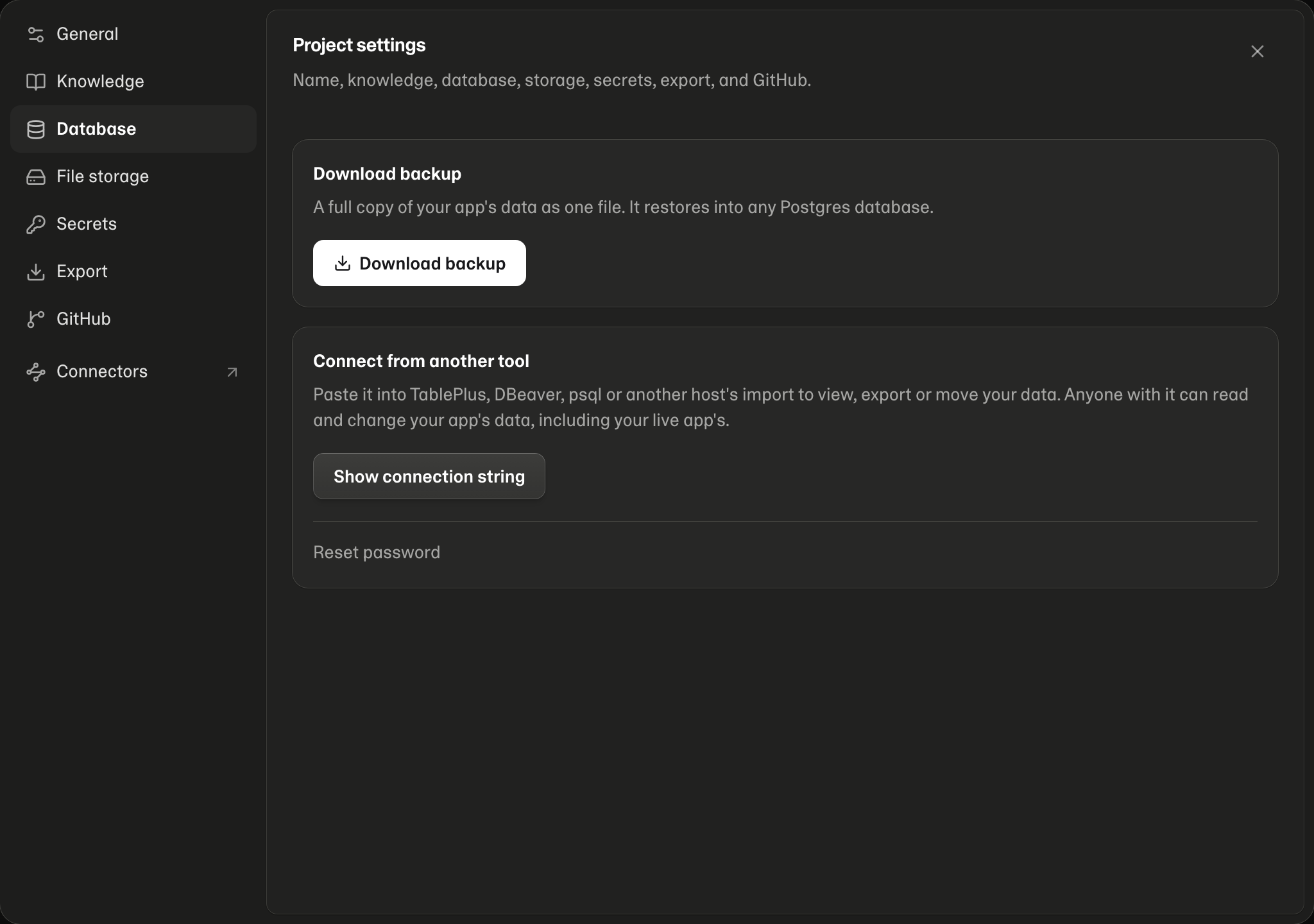 Project settings → Database