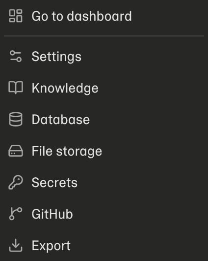 The project menu, opened from the project name